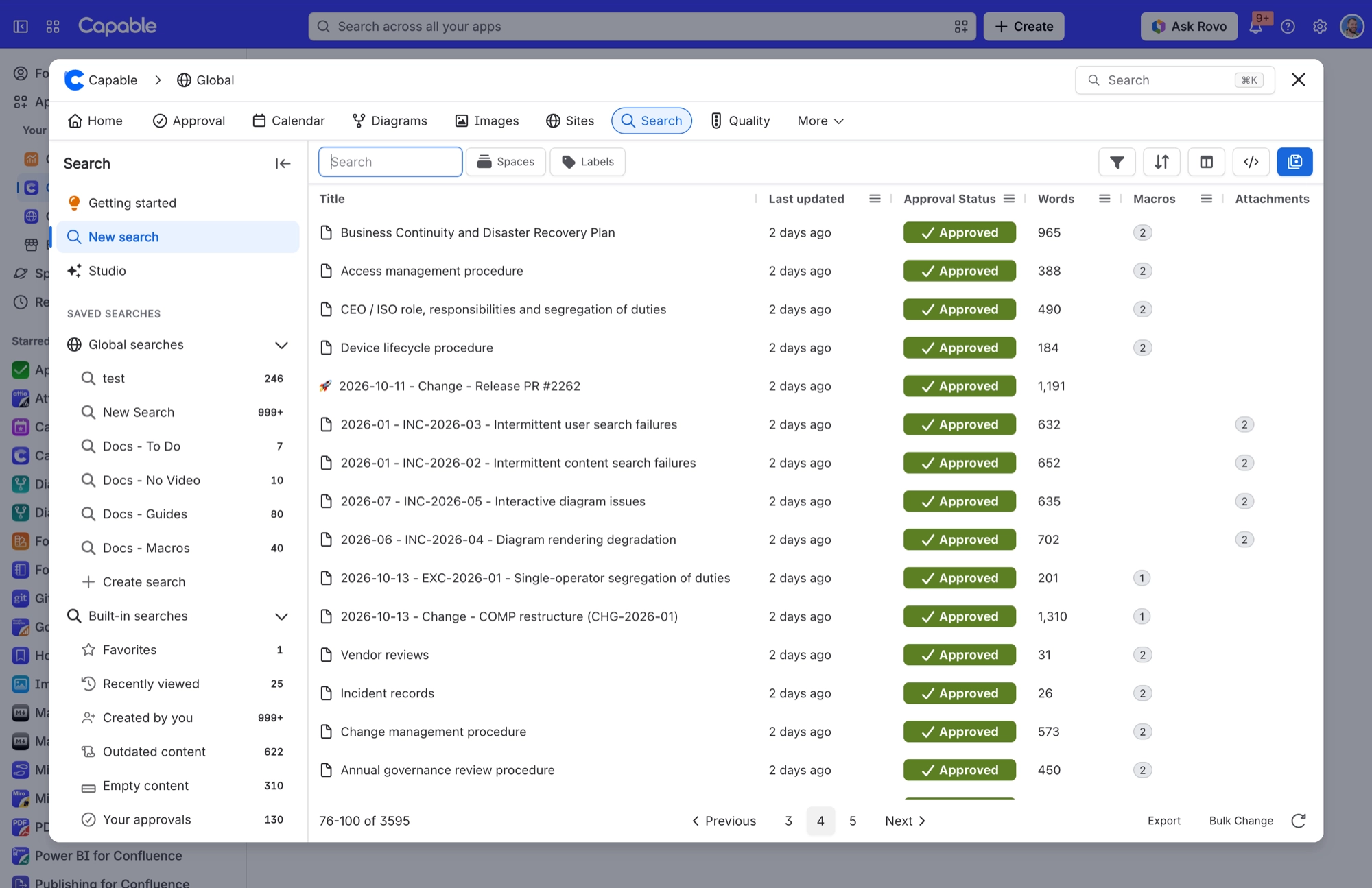 Capable Search results with Approval Status, Words, Macros and Attachments columns beside each page title