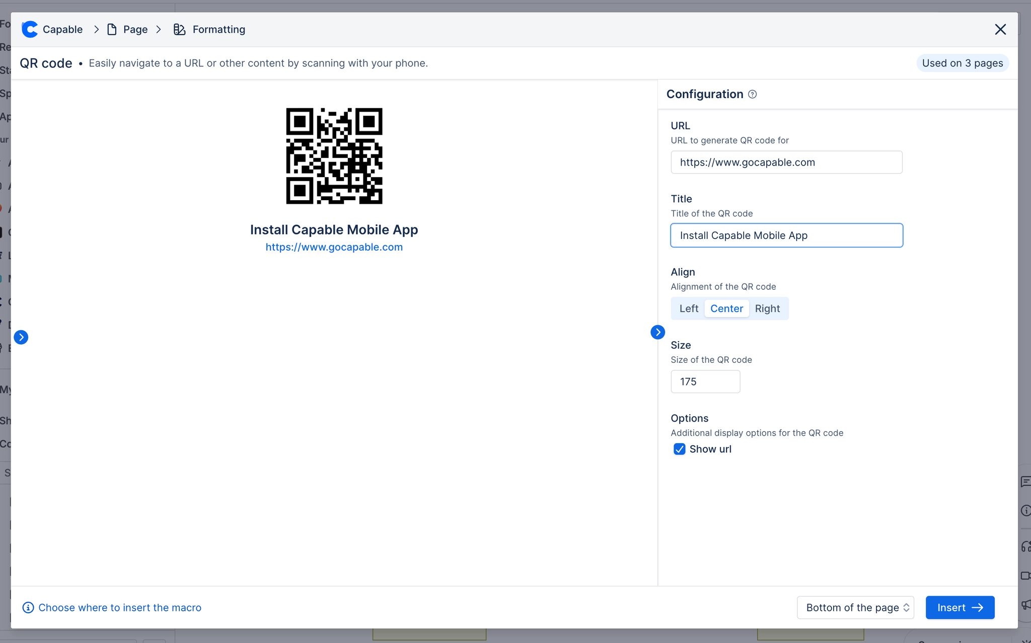 The QR code configuration panel with a URL of gocapable.com, a title of install Capable mobile app, alignment set to centre, size 175 and show url ticked, with the generated code previewed to the left