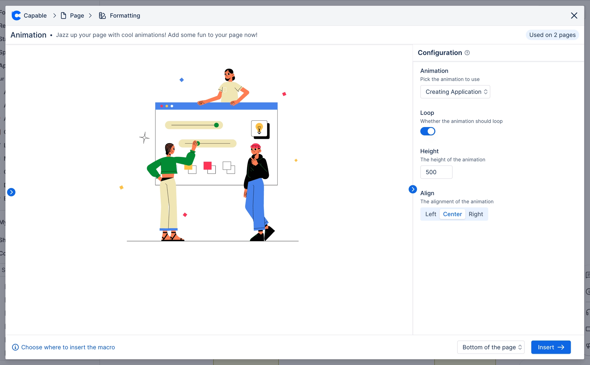 The Animation macro configuration modal with a chosen illustration previewed on the left and animation, loop, height and align controls on the right.