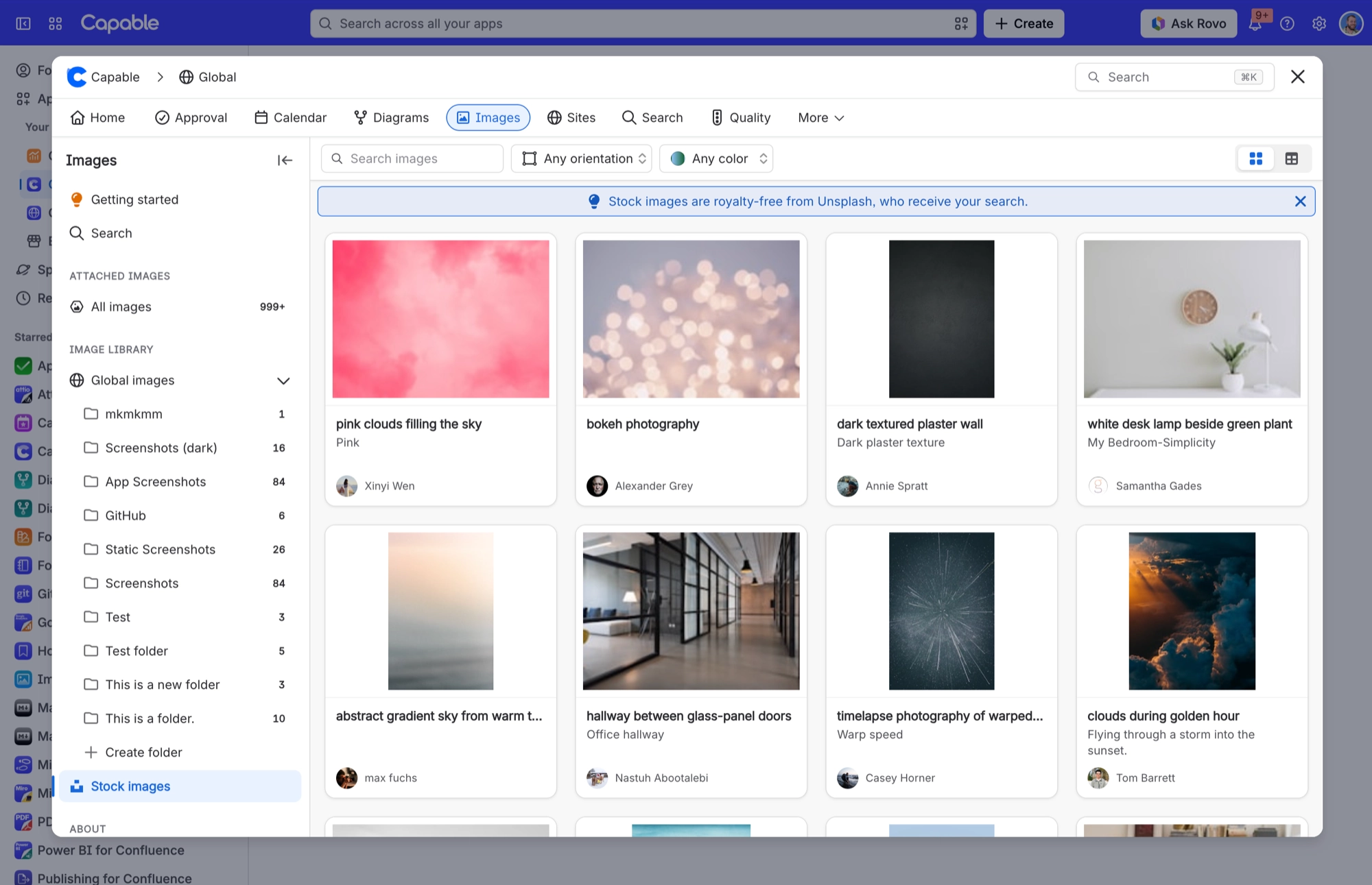 Stock images in Capable Images, a grid of Unsplash photos with photographer credits and orientation and colour filters