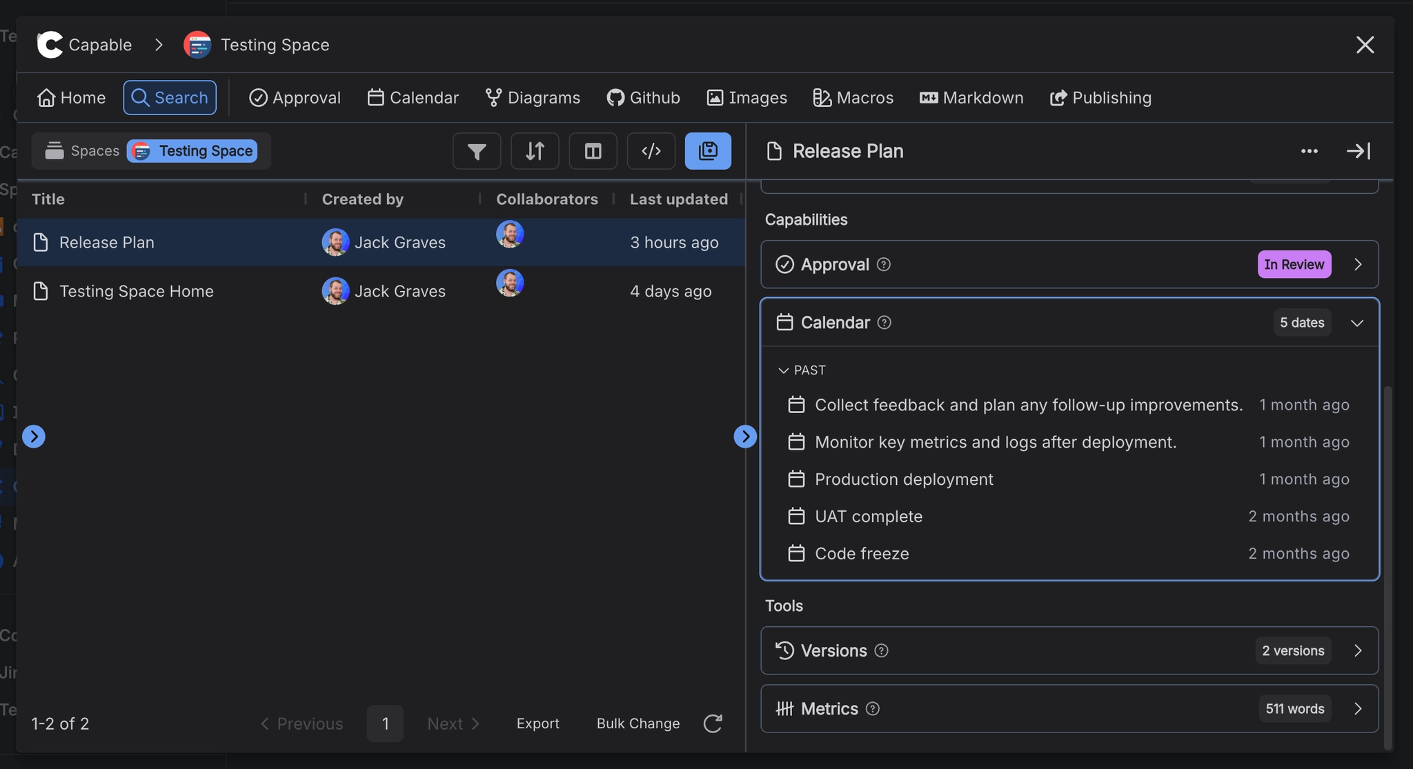 Capable Search in dark mode with a results table on the left and a page side panel on the right, where a Calendar section badged five dates lists past items such as production deployment, UAT complete