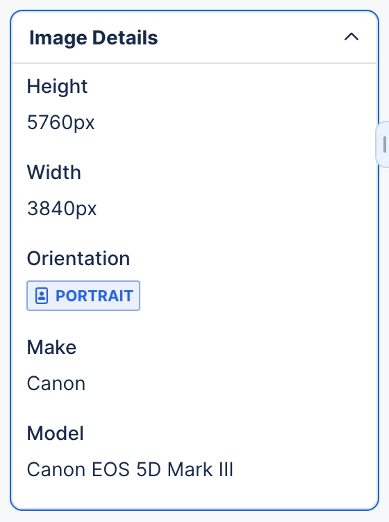 Image Details panel listing height 5760px, width 3840px, orientation Portrait, make Canon and model Canon EOS 5D Mark III.
