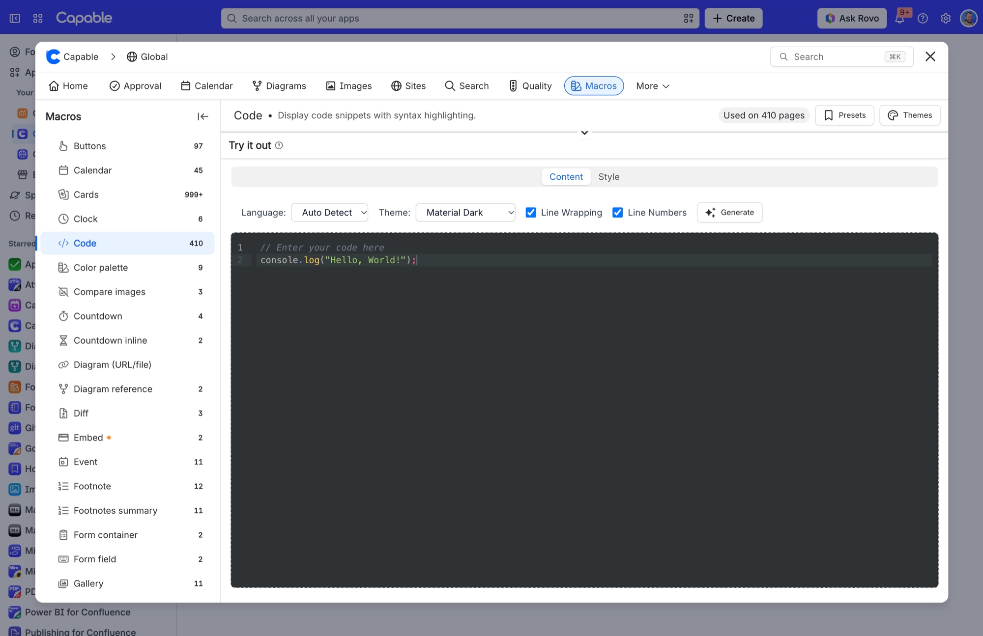 Code macro Content tab with language and theme menus, line wrapping and line numbers options, and a dark editor with sample code