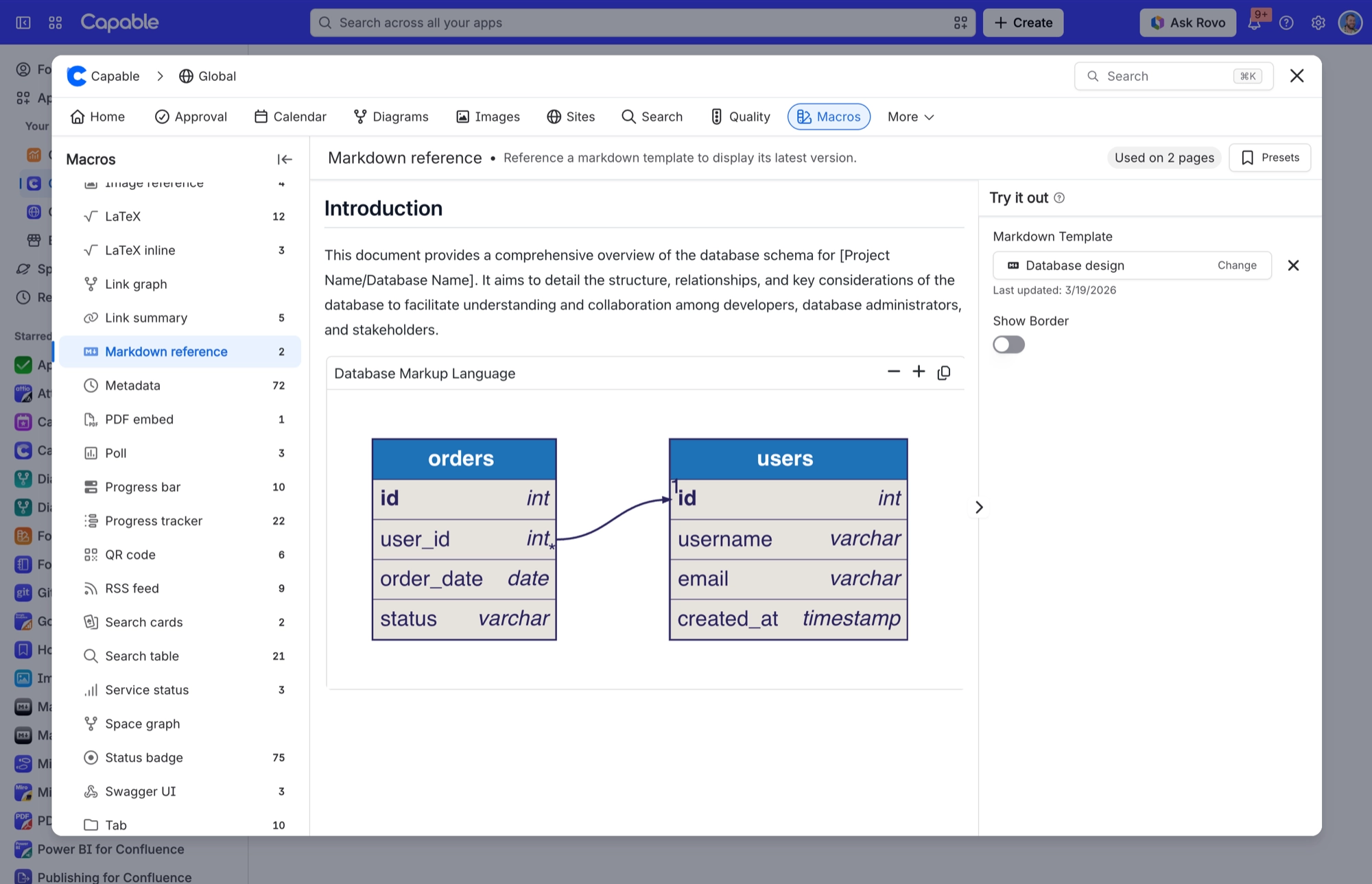 Markdown reference macro settings in Capable Macros, with Database design chosen as the Markdown Template and the Show Border switch off