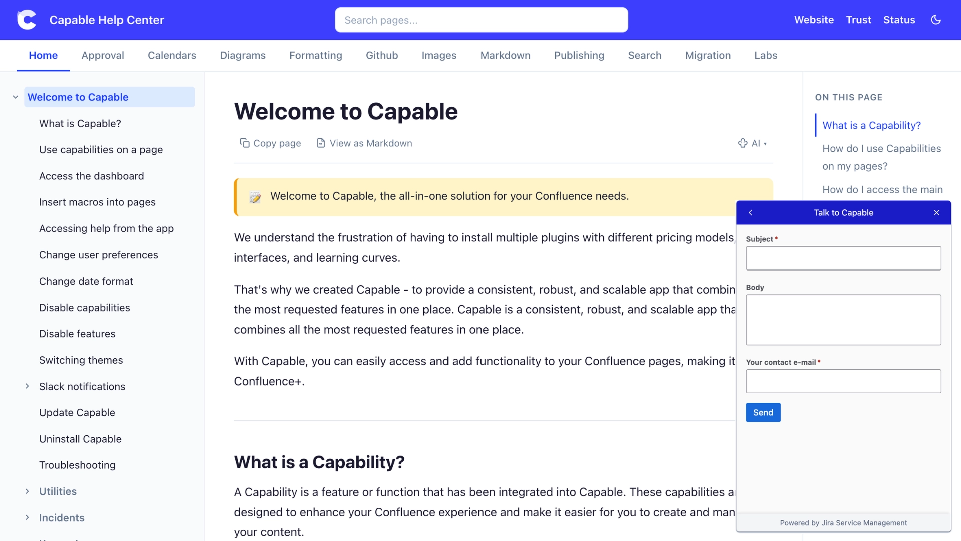 A published help centre with a support form titled Talk to Capable open in the lower right, powered by Jira Service Management.