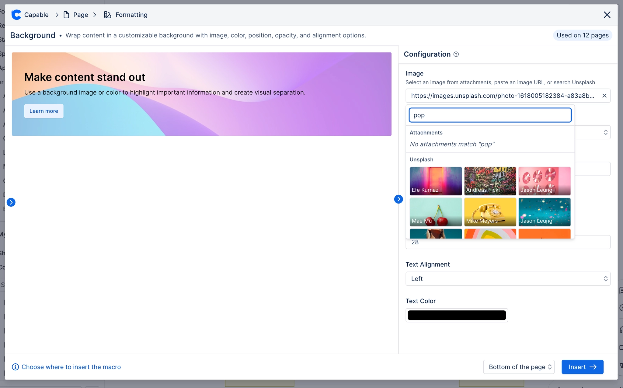 The Background macro configuration modal with an image search open, showing no matching attachments above a grid of Unsplash results, and text alignment and text colour fields below.