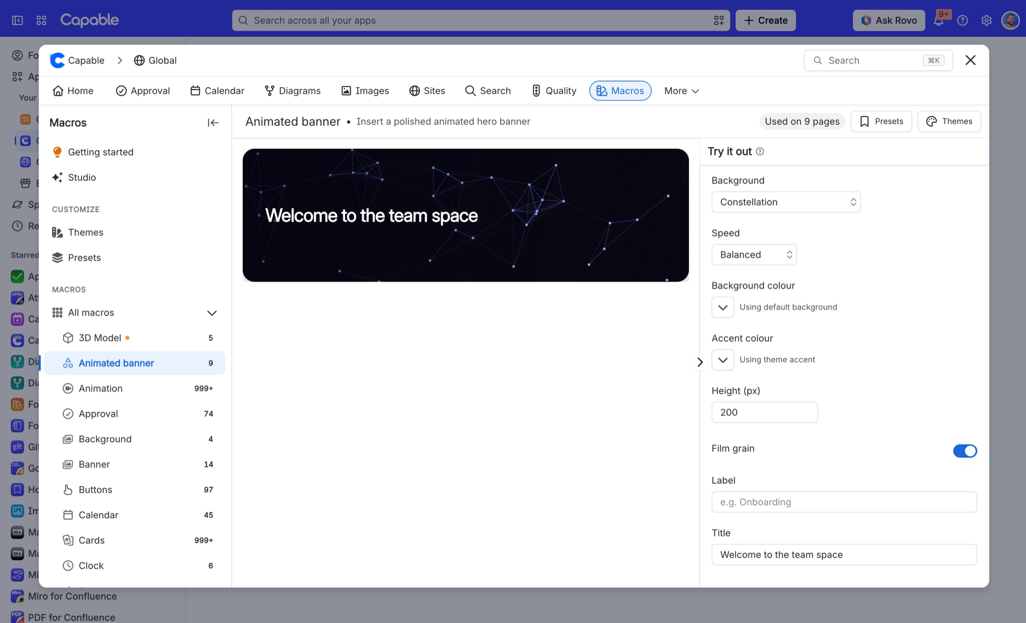 Animated banner macro with a Constellation banner preview and the Try it out panel showing background, speed, colours, height and film grain