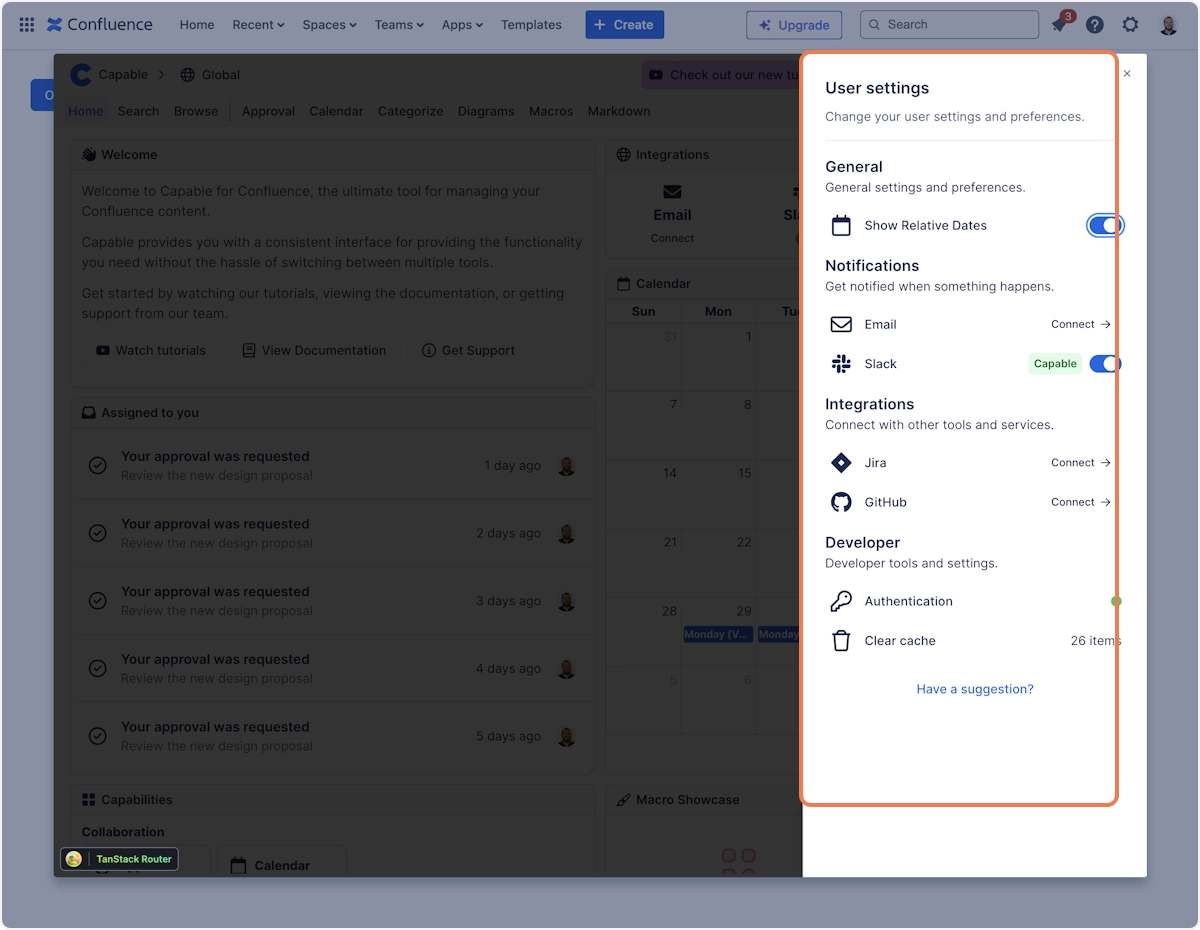The Capable dashboard with a highlighted User settings panel open on the right, showing a Show relative dates toggle, Email and Slack notification rows, and Jira and GitHub integrations.