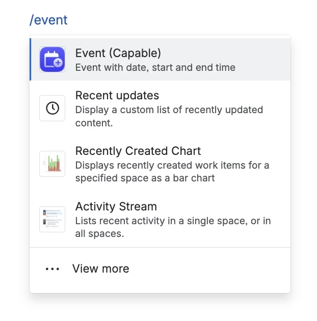 Confluence editor insert menu filtered by slash event, with Event (Capable) highlighted at the top of the list.