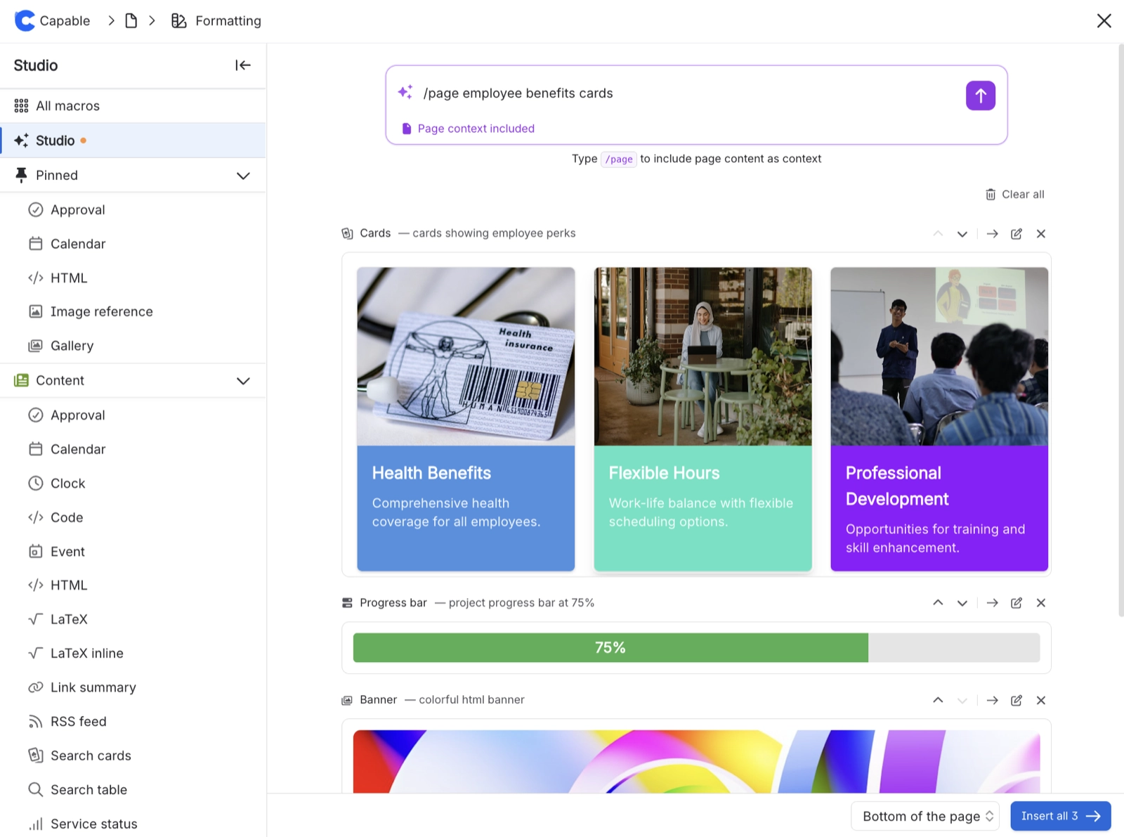 The Capable Studio dialog with a prompt reading slash page employee benefits cards, and previews beneath it of three coloured cards, a progress bar at 75 per cent and a banner, with an Insert all 3 bu