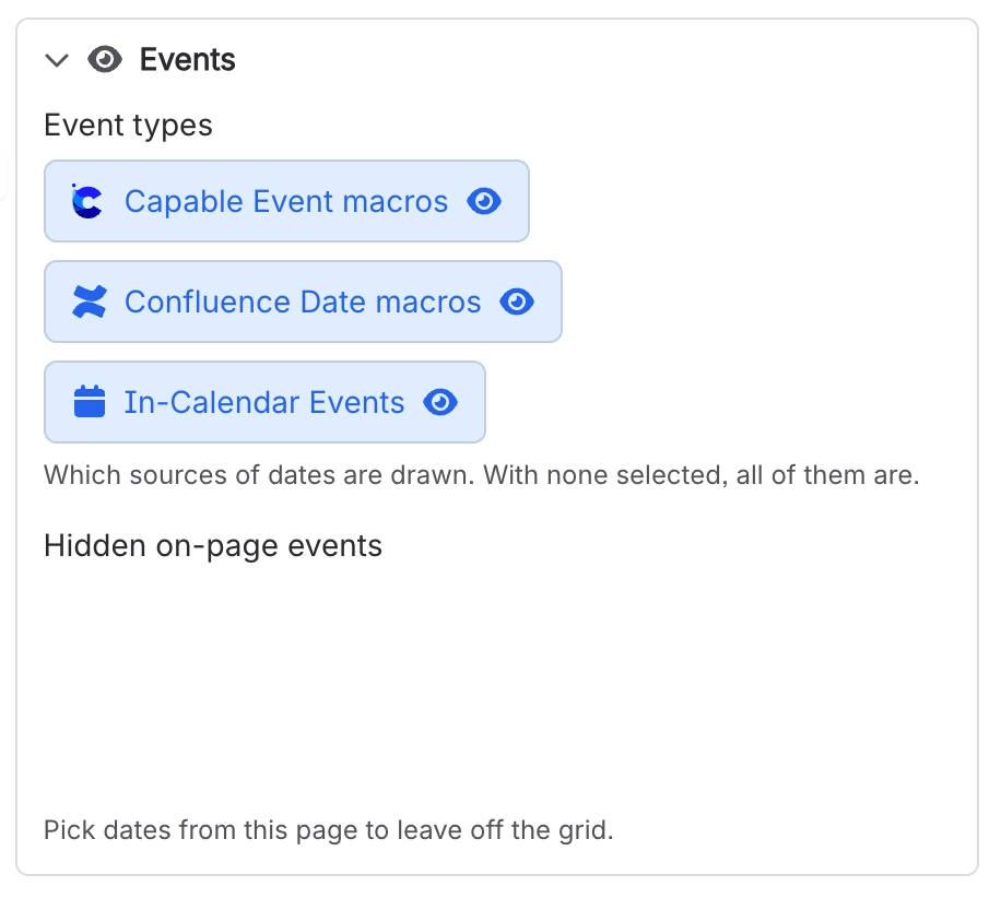 Calendar macro Events section with event type chips and an empty Hidden on page events picker