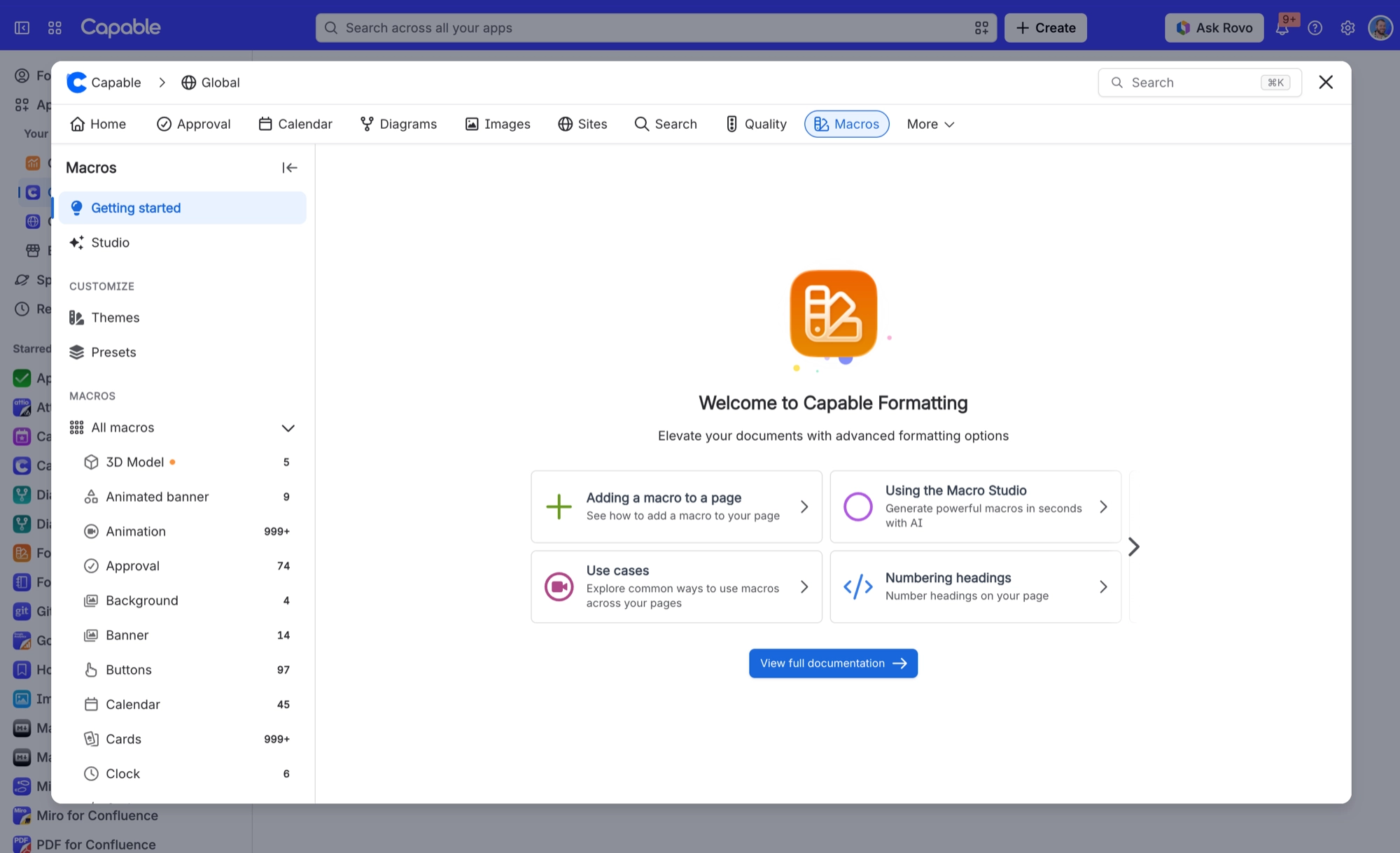 Capable app Macros tab on the Getting started screen, with cards for adding a macro to a page and using the Macro Studio
