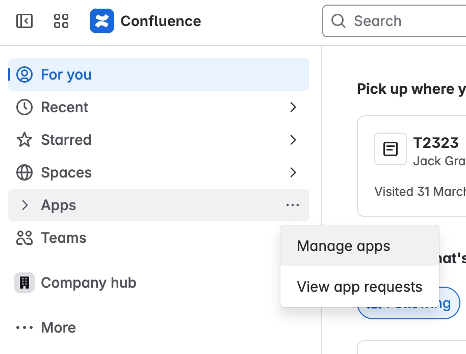 Confluence Manage apps menu