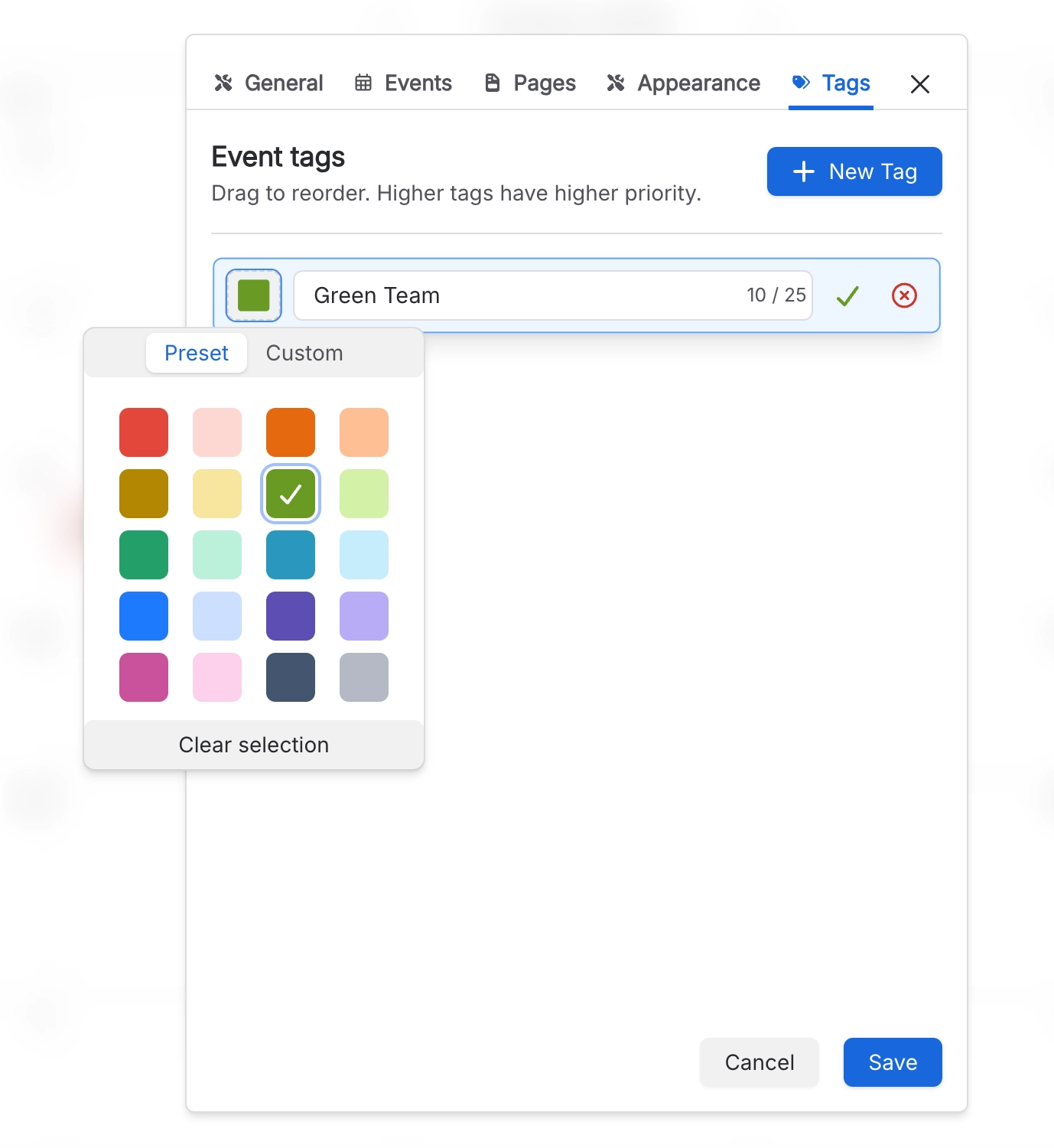 Editing the Green Team event tag with the preset color picker open and a green swatch selected