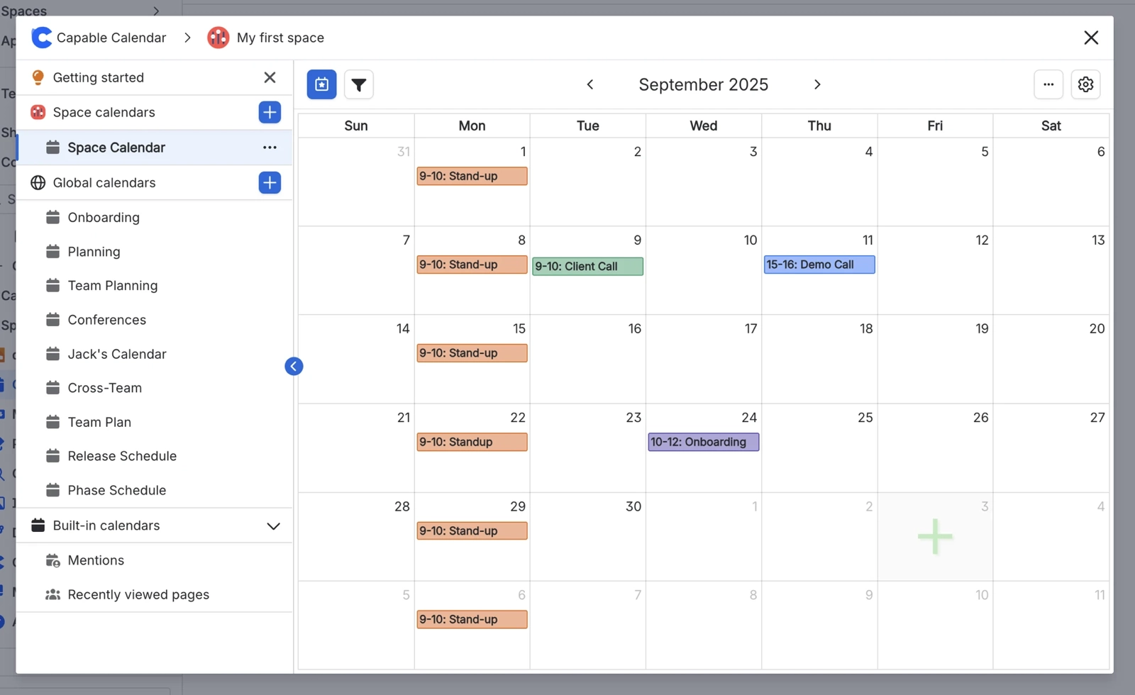 The Capable Calendar page with a left rail listing Space calendars, Global calendars and Built-in calendars, and a September month grid of colour coded events on the right.