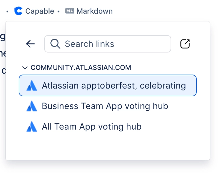 The Capable links panel with a Search links box and three links grouped under the heading community.atlassian.com.