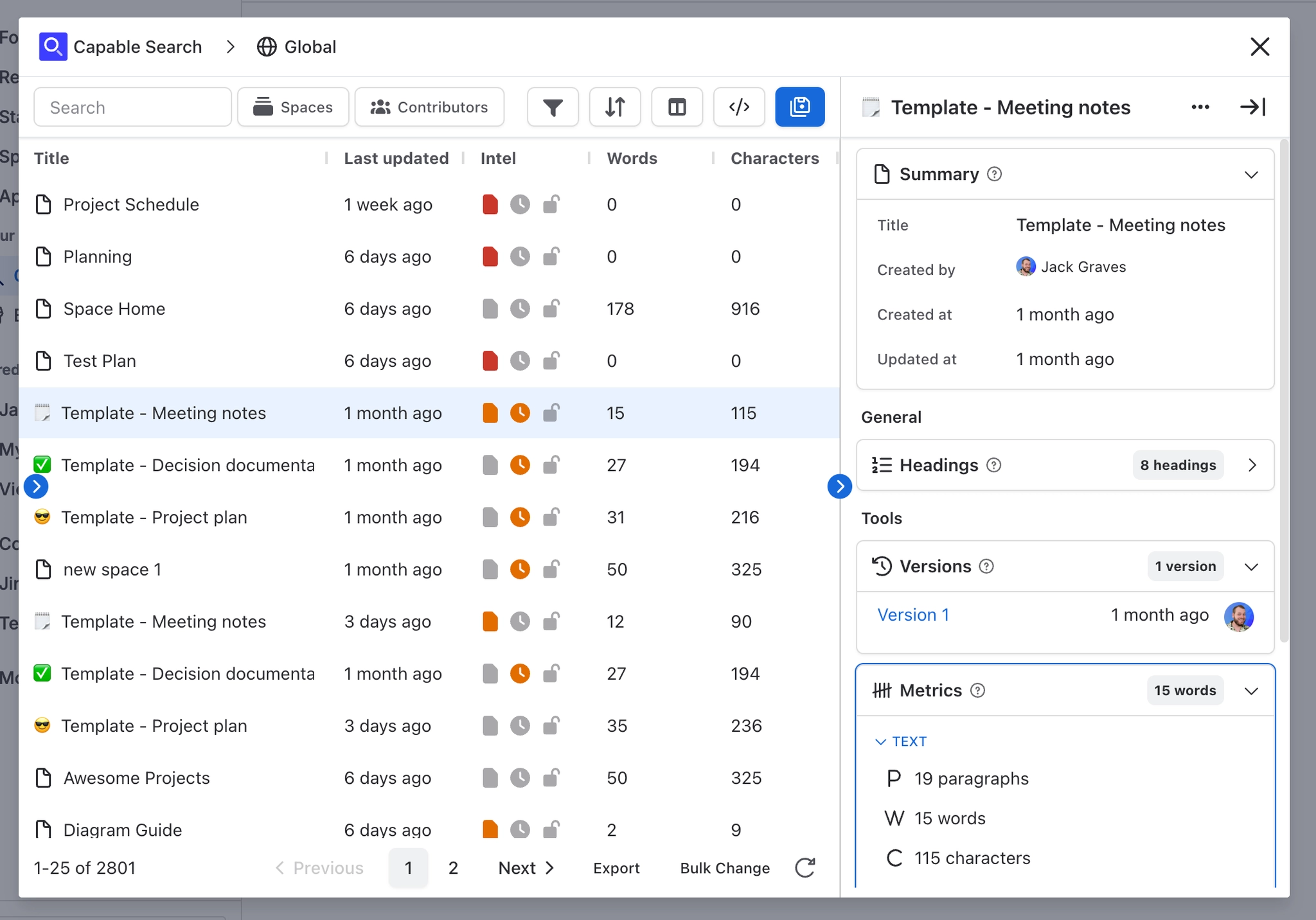The Capable Search window with a results table on the left showing title, last updated, intel, words and characters, and a side panel on the right for the selected page showing Summary, Headings, Vers
