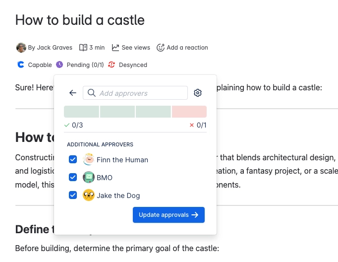 Approval panel open on a Confluence page with an Add approvers search box, counters reading 0 of 3 approvals and 0 of 1 rejection, three ticked approvers and an Update approvals button.