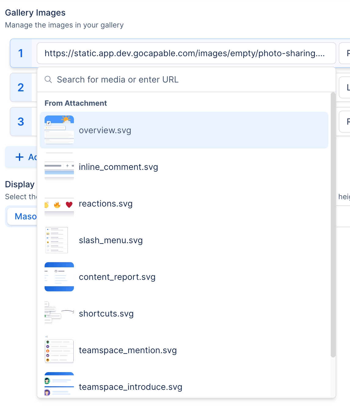 The image field of the Gallery macro expanded into a media picker. A search box reads Search for media or enter URL. Below it, a list headed From Attachment shows thumbnails and file names for overvie