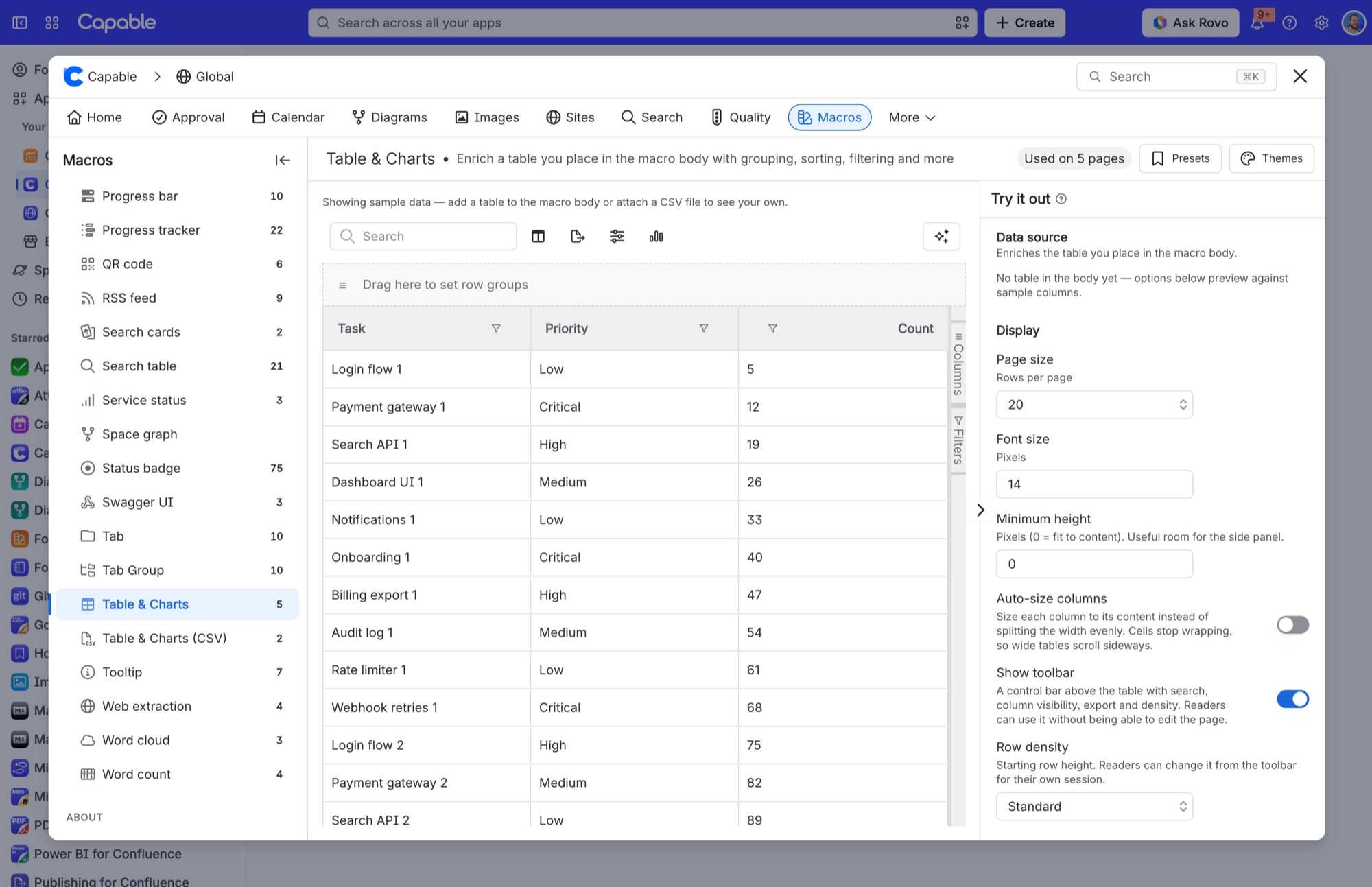 Table and Charts macro previewing a sample task table, with page size, font size, minimum height and auto size column settings beside it