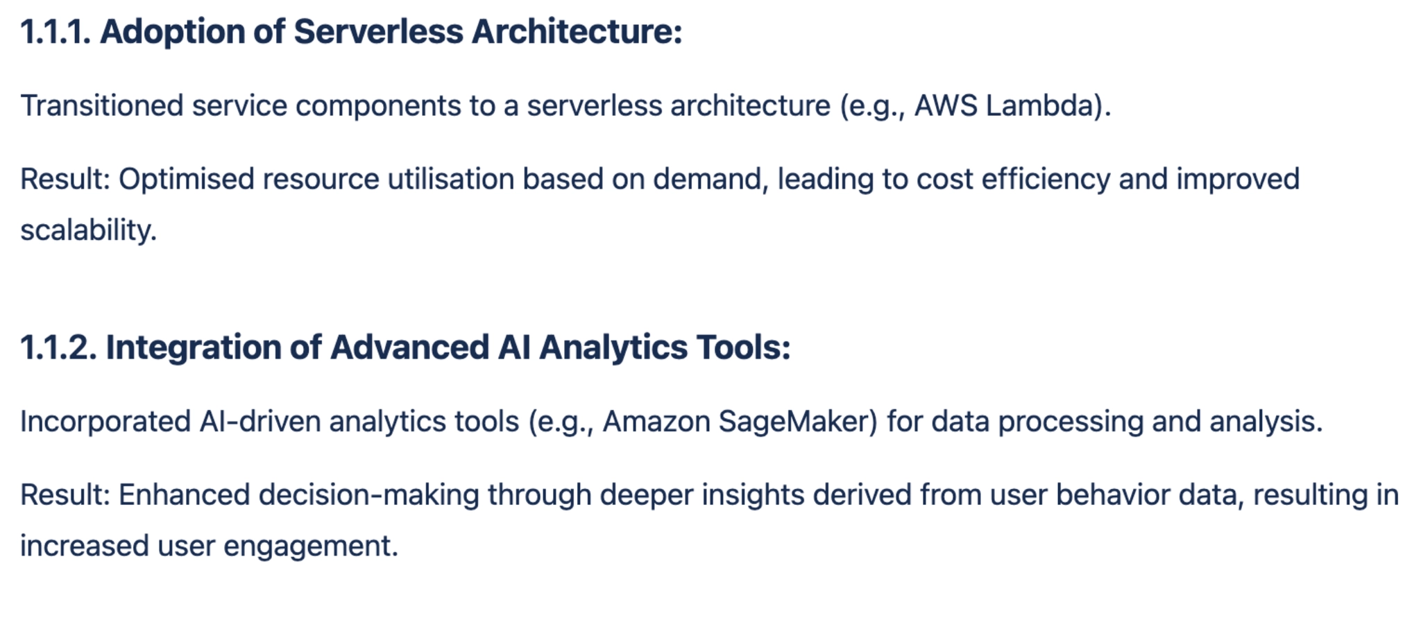 Two numbered Confluence headings, 1.1.1 Adoption of Serverless Architecture and 1.1.2 Integration of Advanced AI Analytics Tools, each followed by a short paragraph of body text.