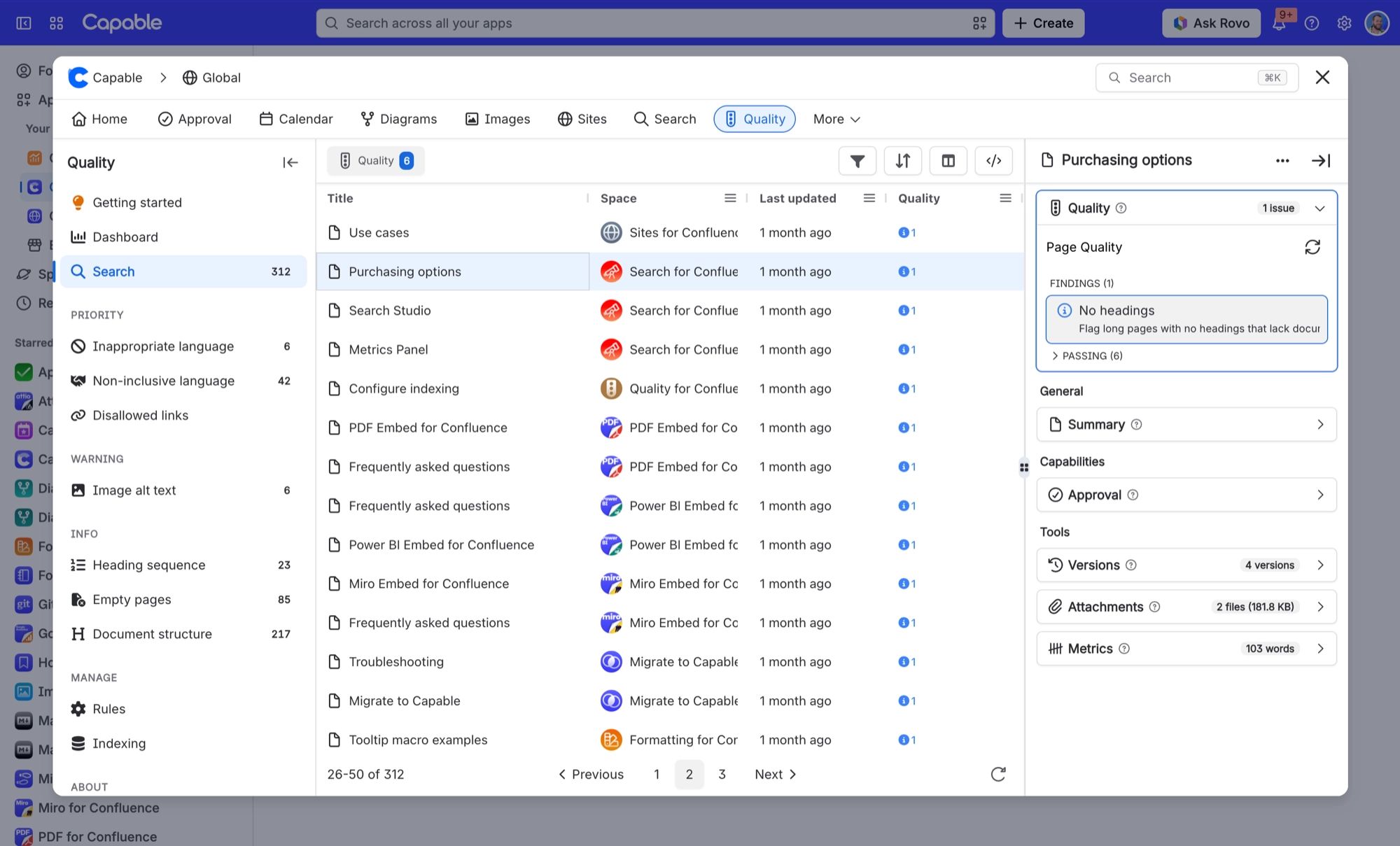 Capable Quality search with issue reports in the left sidebar, a Quality filter, a Quality column and the Page Quality panel open
