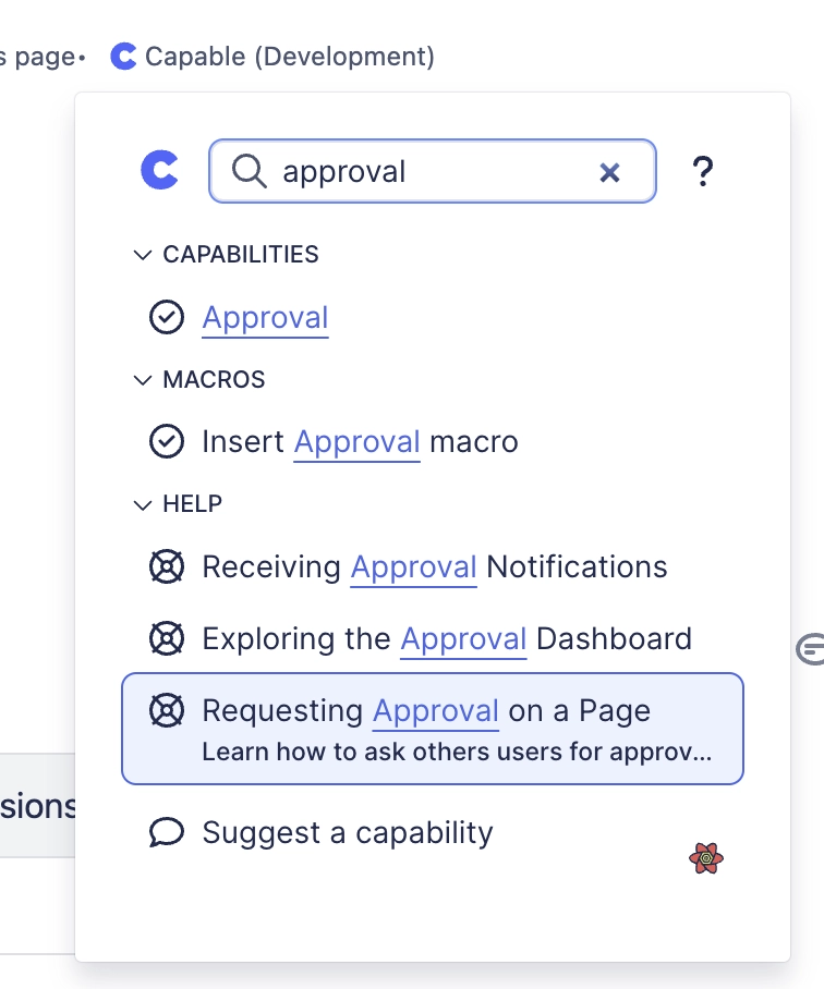 The Capable byline menu with the word approval typed into its search box, showing results grouped under Capabilities, Macros and Help.