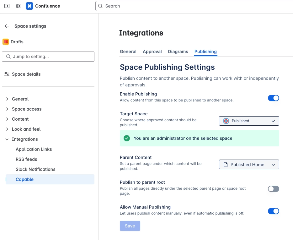 Space Publishing Settings in Confluence space settings, with Enable Publishing turned on, target space Published, parent content Published Home, Publish to parent root off, Allow Manual Publishing on