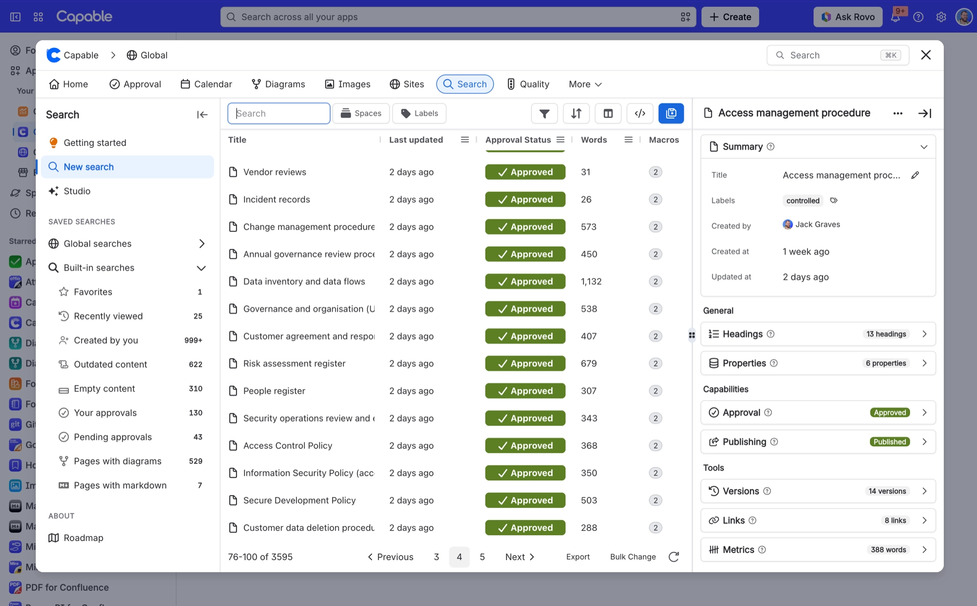 Search results with the page details panel open, showing summary, headings, properties, approval, publishing, versions, links and metrics