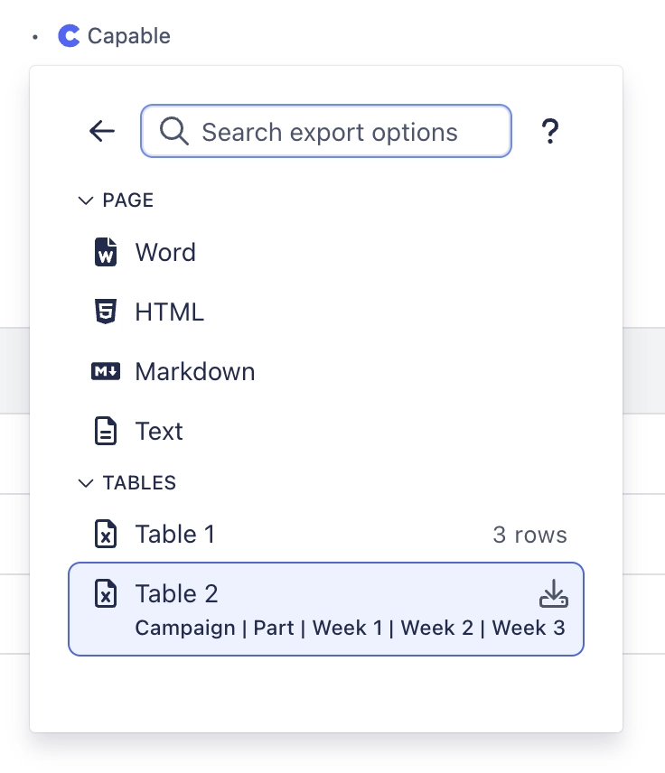 The export panel with a Tables section listing Table 1 with three rows and Table 2 with its column names and a download icon.