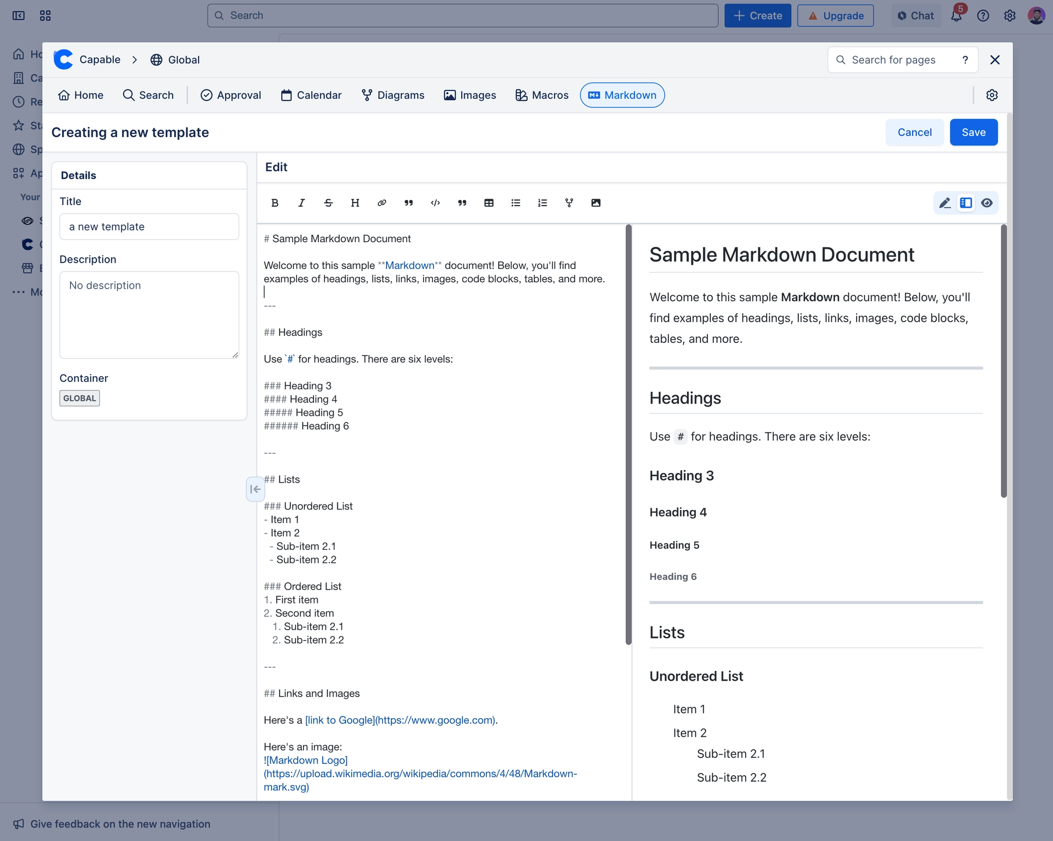 The Creating a new template screen in the Capable Markdown library. A Details panel on the left holds Title with the value a new template, an empty Description and a Container chip reading GLOBAL. To
