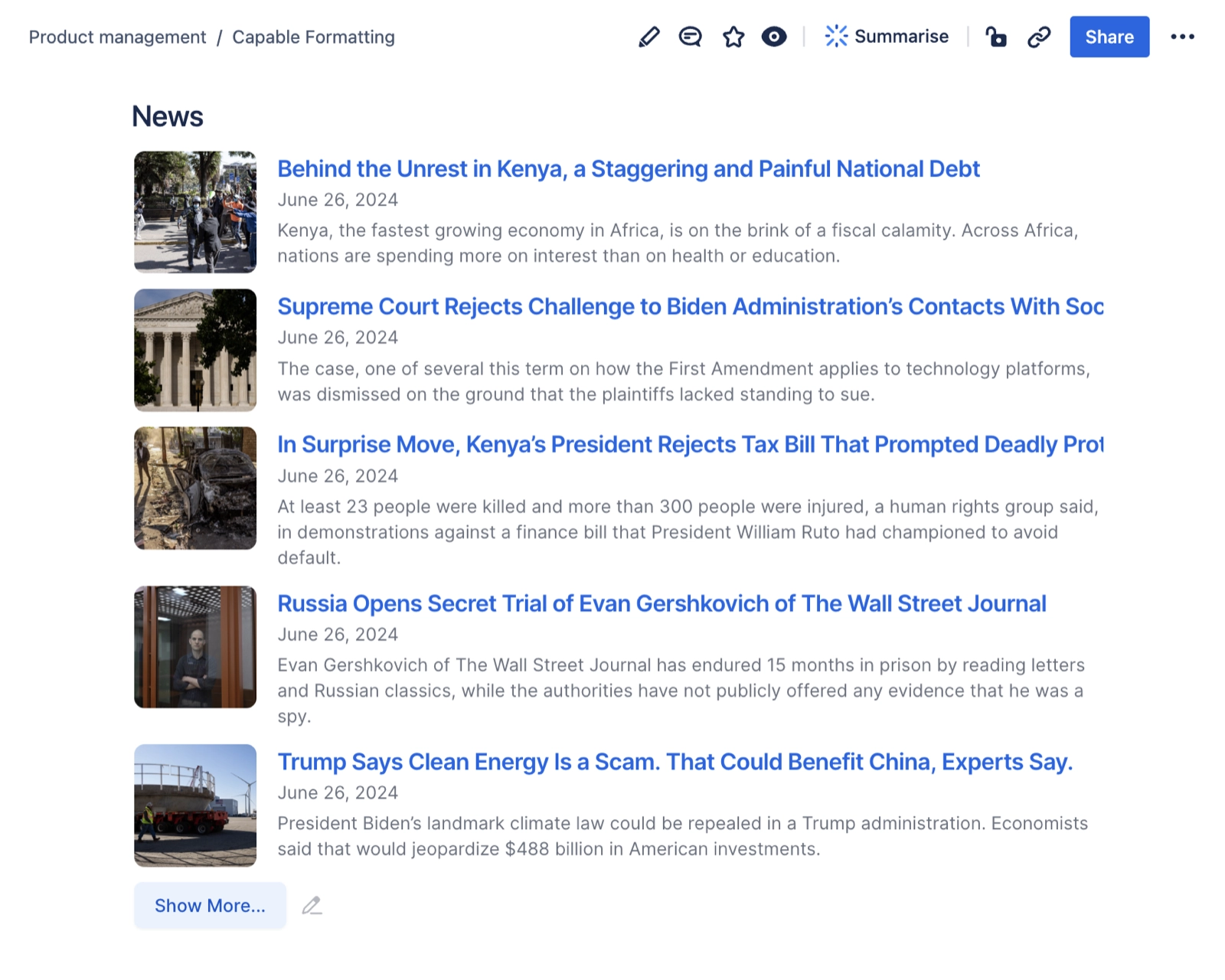 A Confluence page with a News heading followed by five feed items, each with a thumbnail image, a linked headline, a date and a short summary, above a show more button.