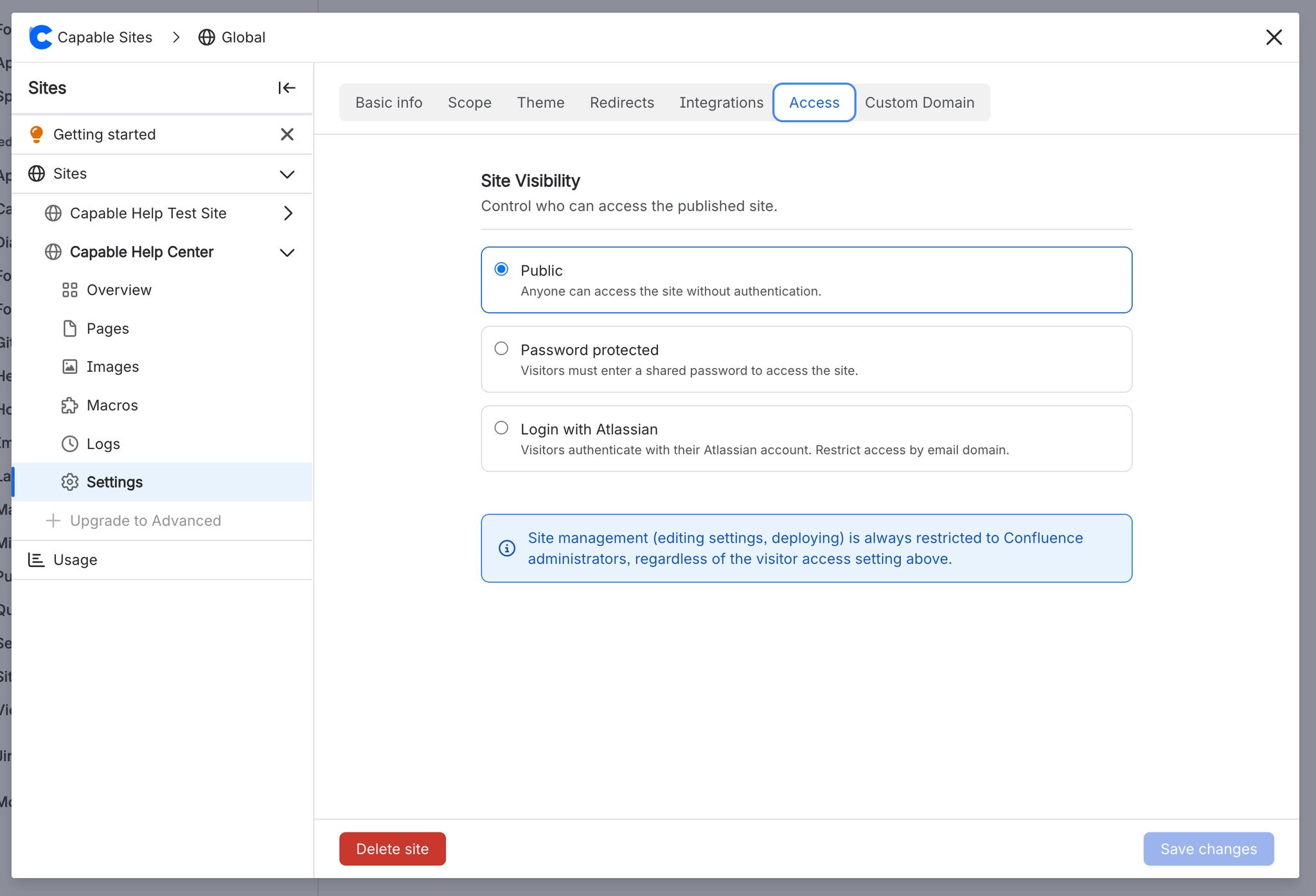 Site visibility settings with radio options for Public, Password protected and Login with Atlassian, with Public selected.