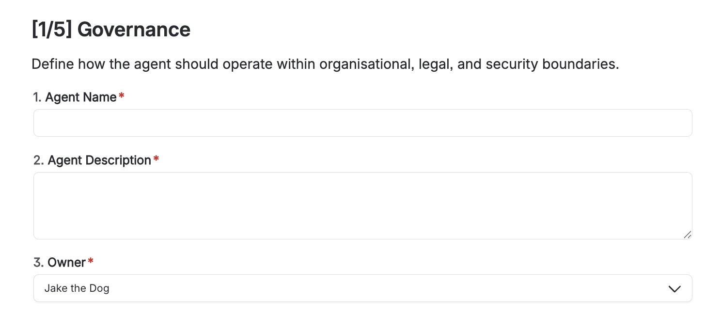 A Confluence page showing a form headed 1 of 5 Governance, with required Agent Name and Agent Description fields and an Owner dropdown holding a sample value.