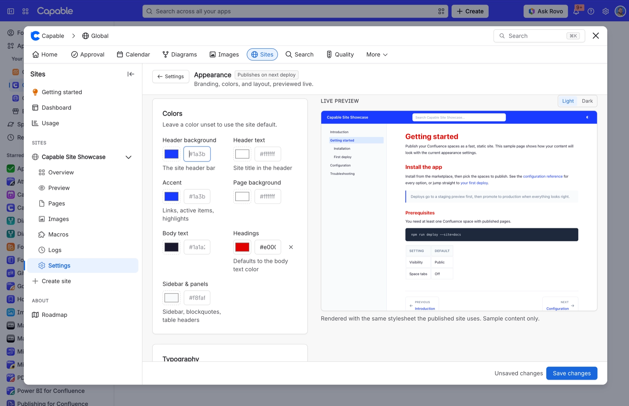 Appearance settings with the Colors card showing header, accent, page, text, heading and sidebar colours beside a live preview