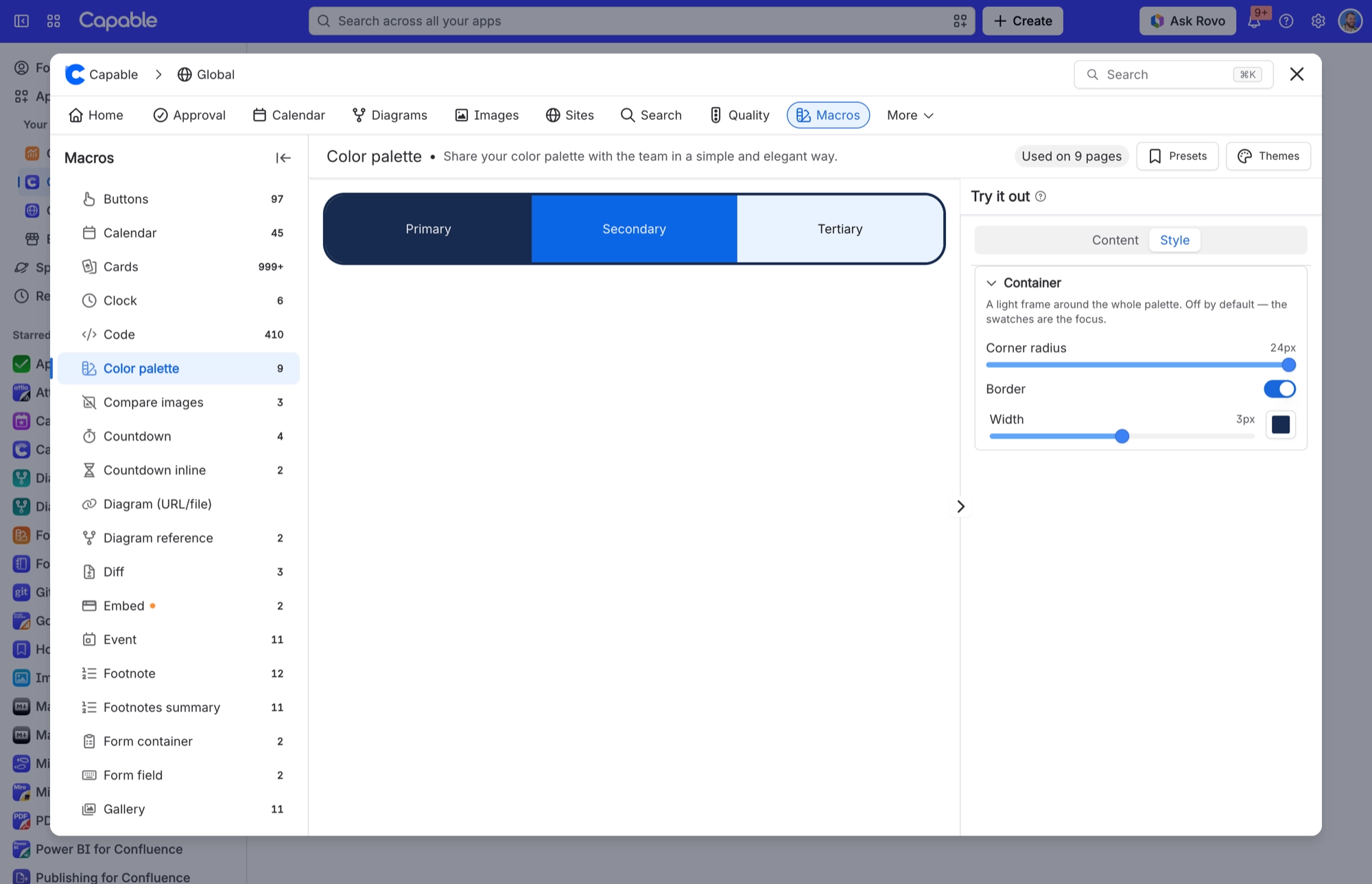 Color palette Style tab with corner radius at 24px and a 3px border turned on, framing the palette preview