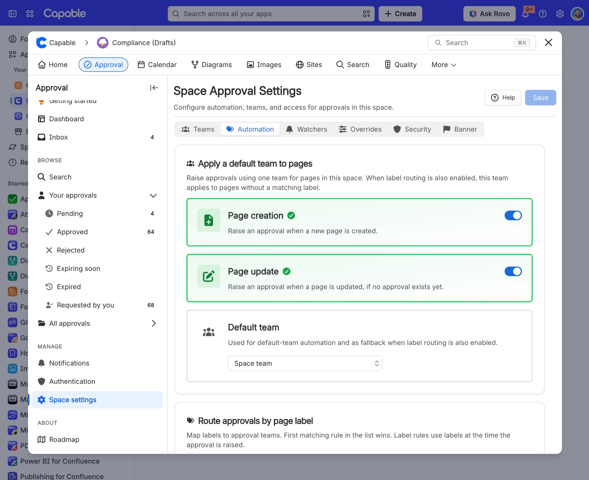 Space Approval Settings, Automation tab, with Page creation and Page update switched on and Space team as the default team