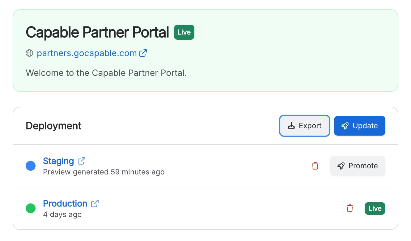 A deployment panel with Export and Update buttons, a staging row with a Promote button, and a production row marked live.