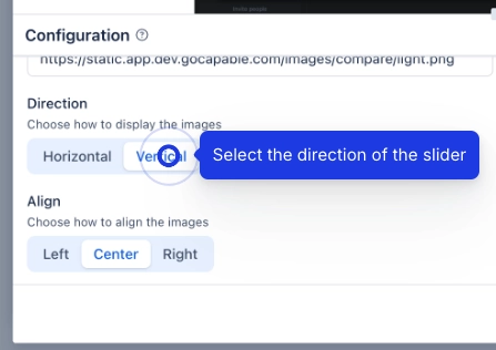 Part of the Compare images configuration panel showing horizontal and vertical direction buttons and left, centre and right alignment buttons, with a callout pointing at the direction control.