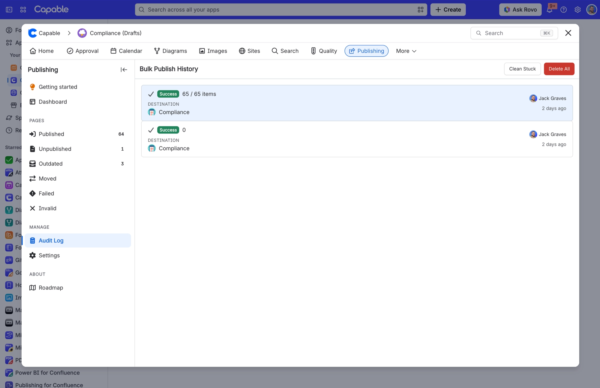 Publishing Audit log showing Bulk Publish History with two successful runs, plus Clean Stuck and Delete All buttons