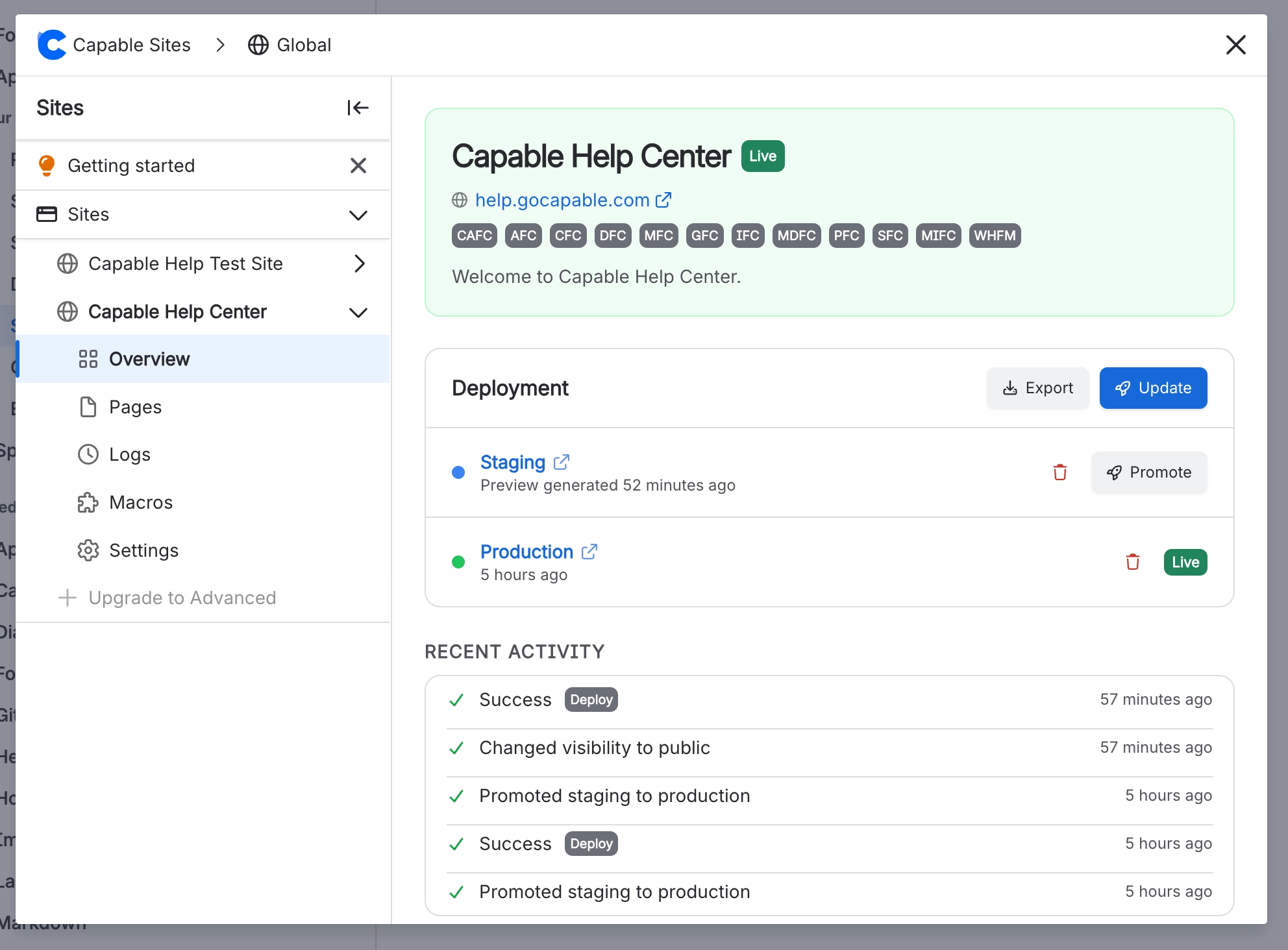 Site overview panel for Capable Help Center with a Live badge and the address help.gocapable.com, a Deployment card with Export and Update buttons, a staging row with a Promote button, a live producti