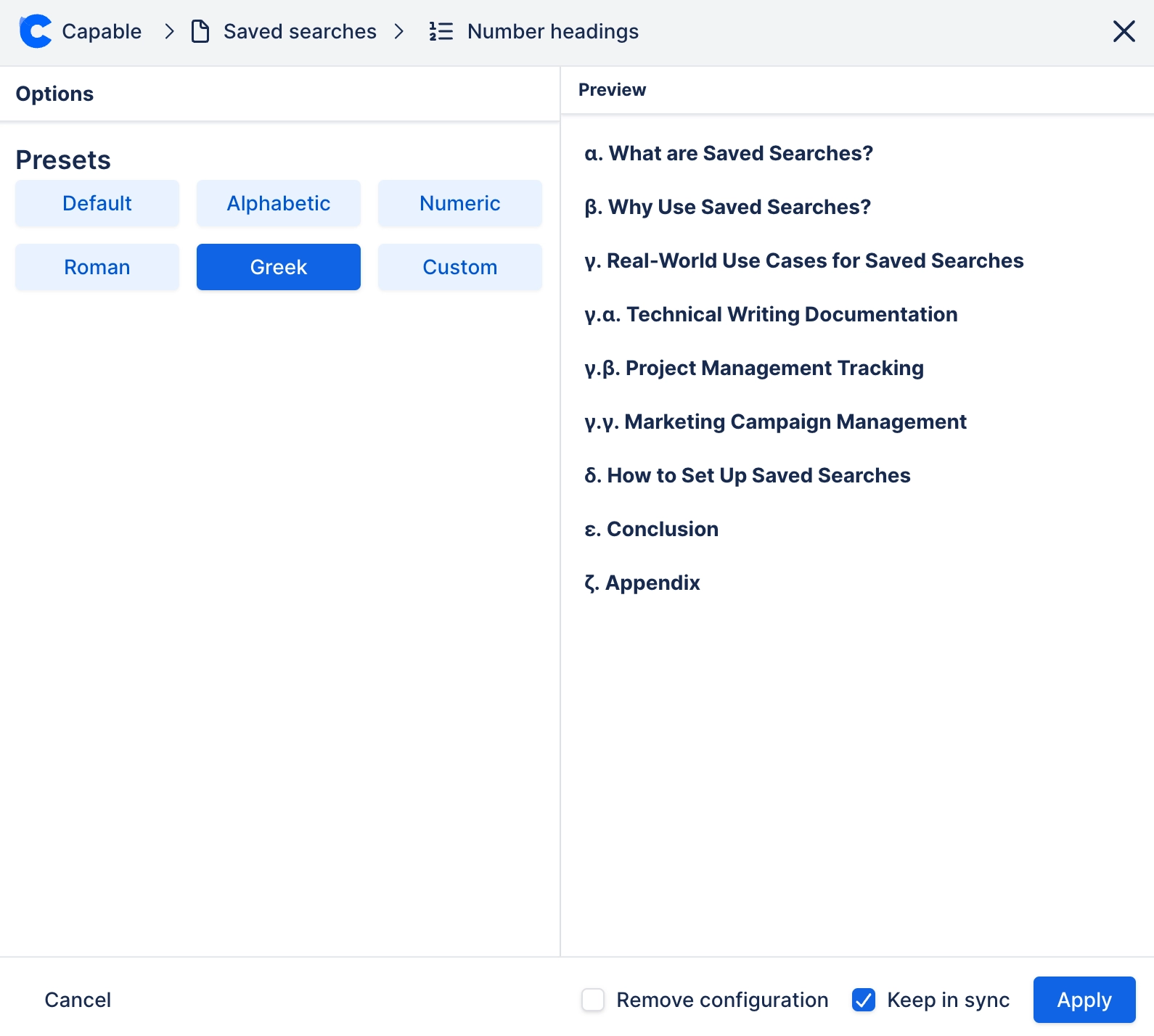 Greek numbered headings in Confluence