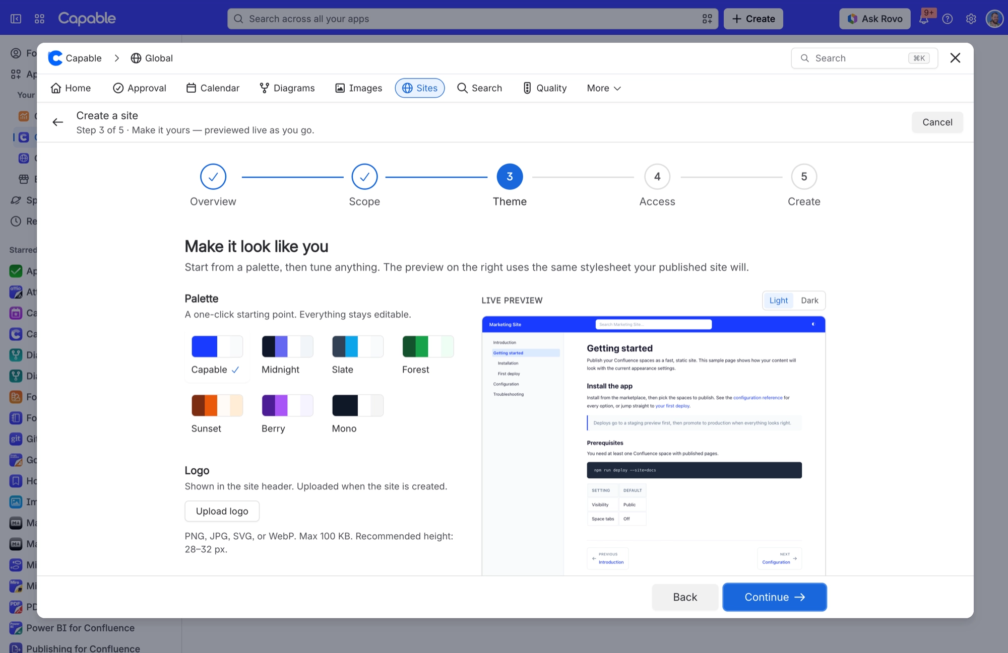 Create a site wizard at the Theme step, with seven palettes, a logo upload button and a live preview of a sample page