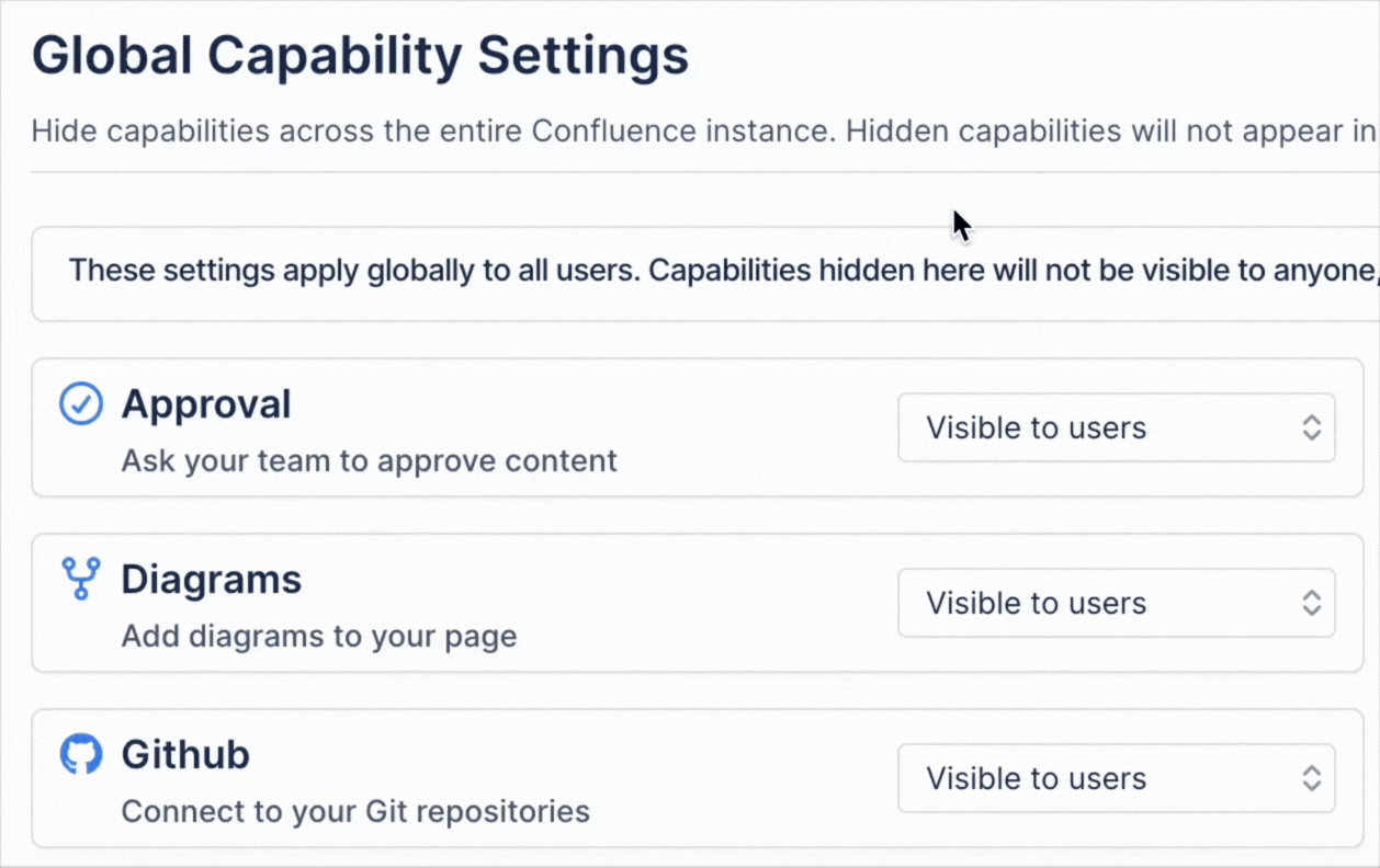 The Global Capability Settings screen listing Approval, Diagrams and GitHub, each with a visibility dropdown set to Visible to users.