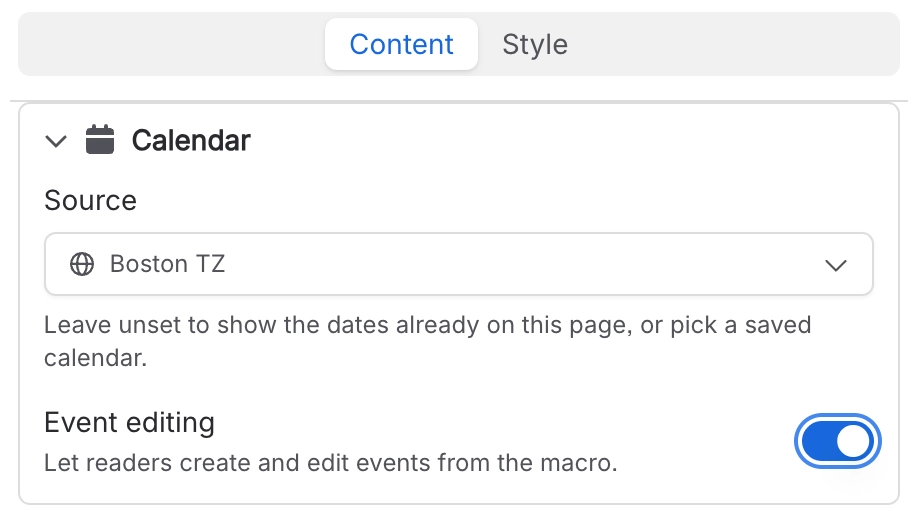 Calendar macro Content tab with Source set to a saved calendar called Boston TZ and Event editing switched on