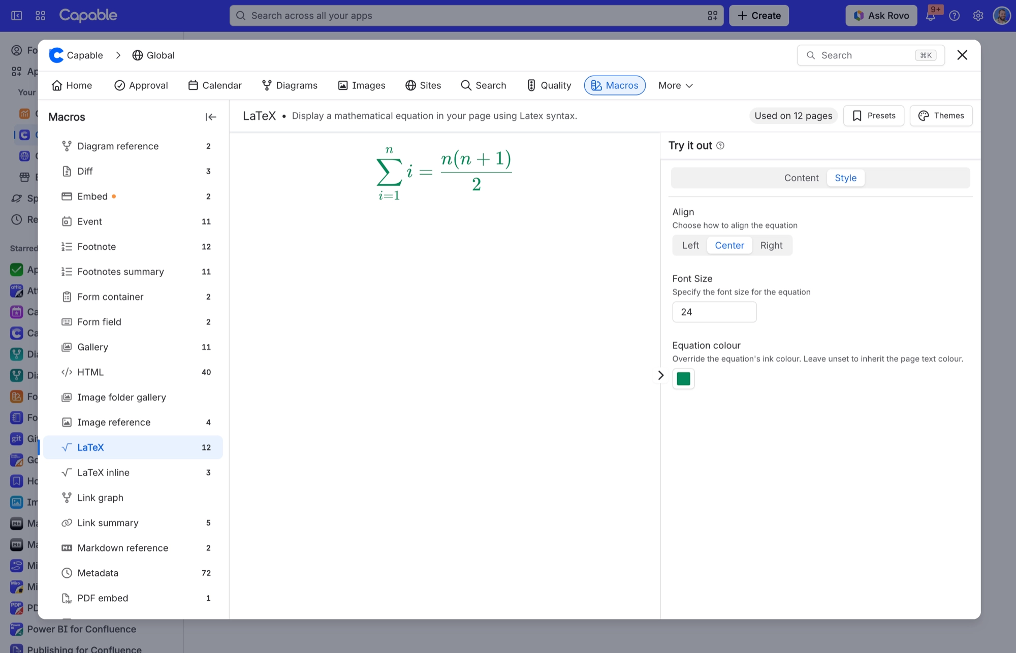 LaTeX macro Style tab with Center alignment, font size 24 and a green equation colour applied to the preview