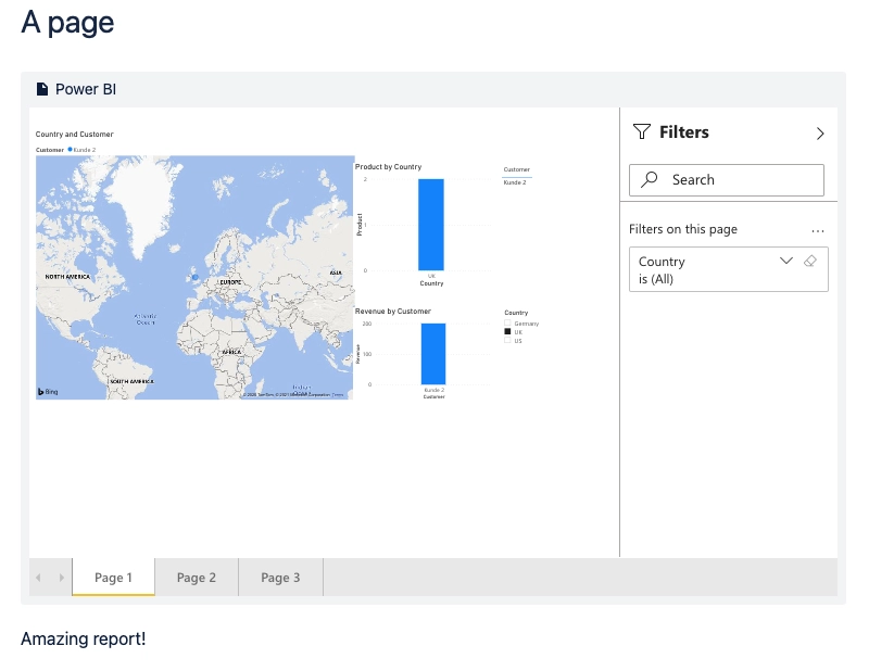 A Confluence page with a Power BI report embedded below the title, showing a world map, two bar charts, a filters pane on the right and three page tabs along the bottom.