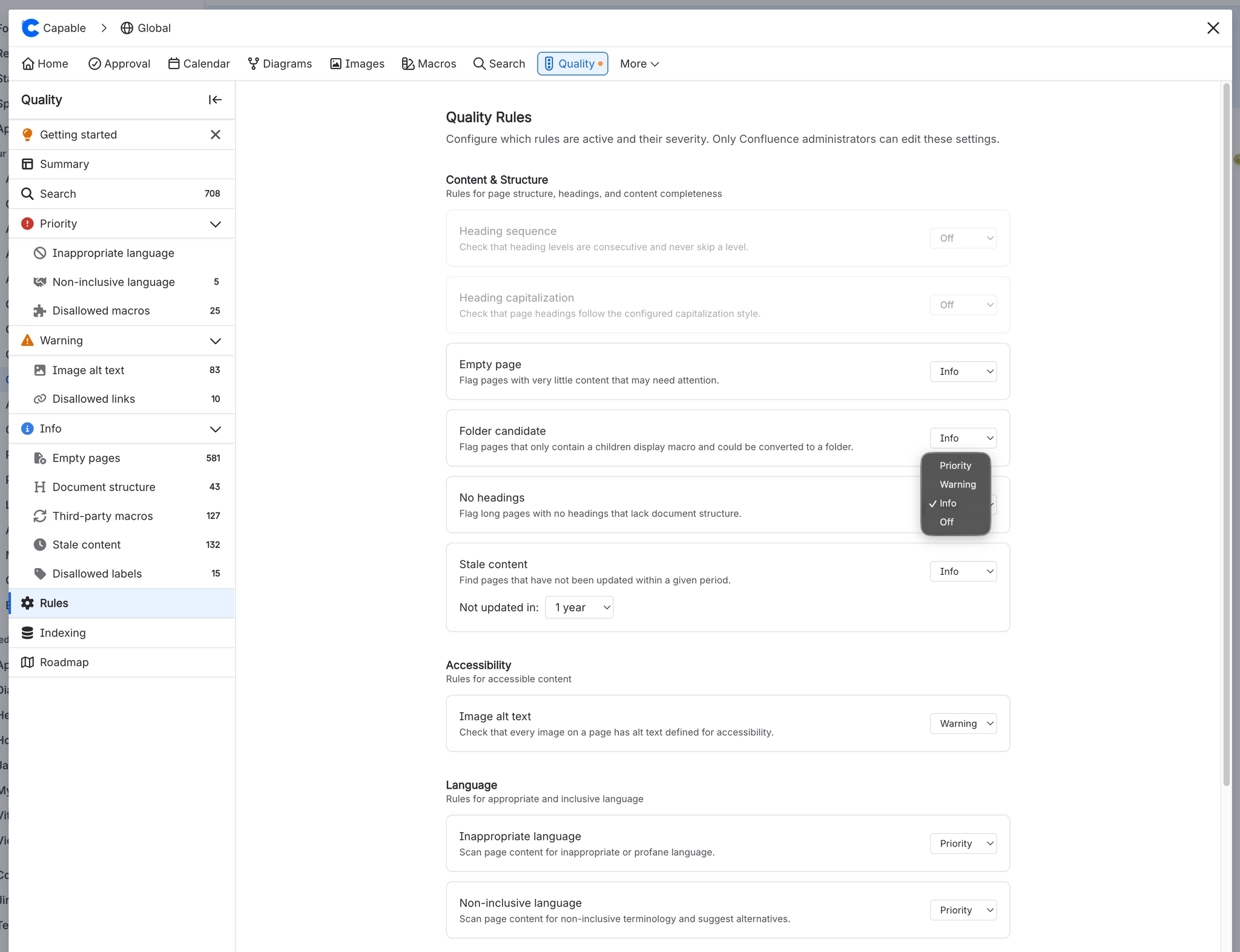 The Quality Rules page listing rules grouped under Content and Structure, Accessibility and Language, each with a severity dropdown, with one severity menu open showing Priority, Warning, Info and Off