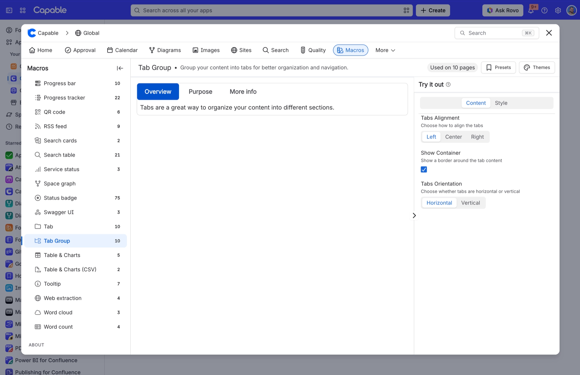 Tab Group macro in Capable Macros with Overview, Purpose and More info tabs, and Content settings for alignment, container and orientation