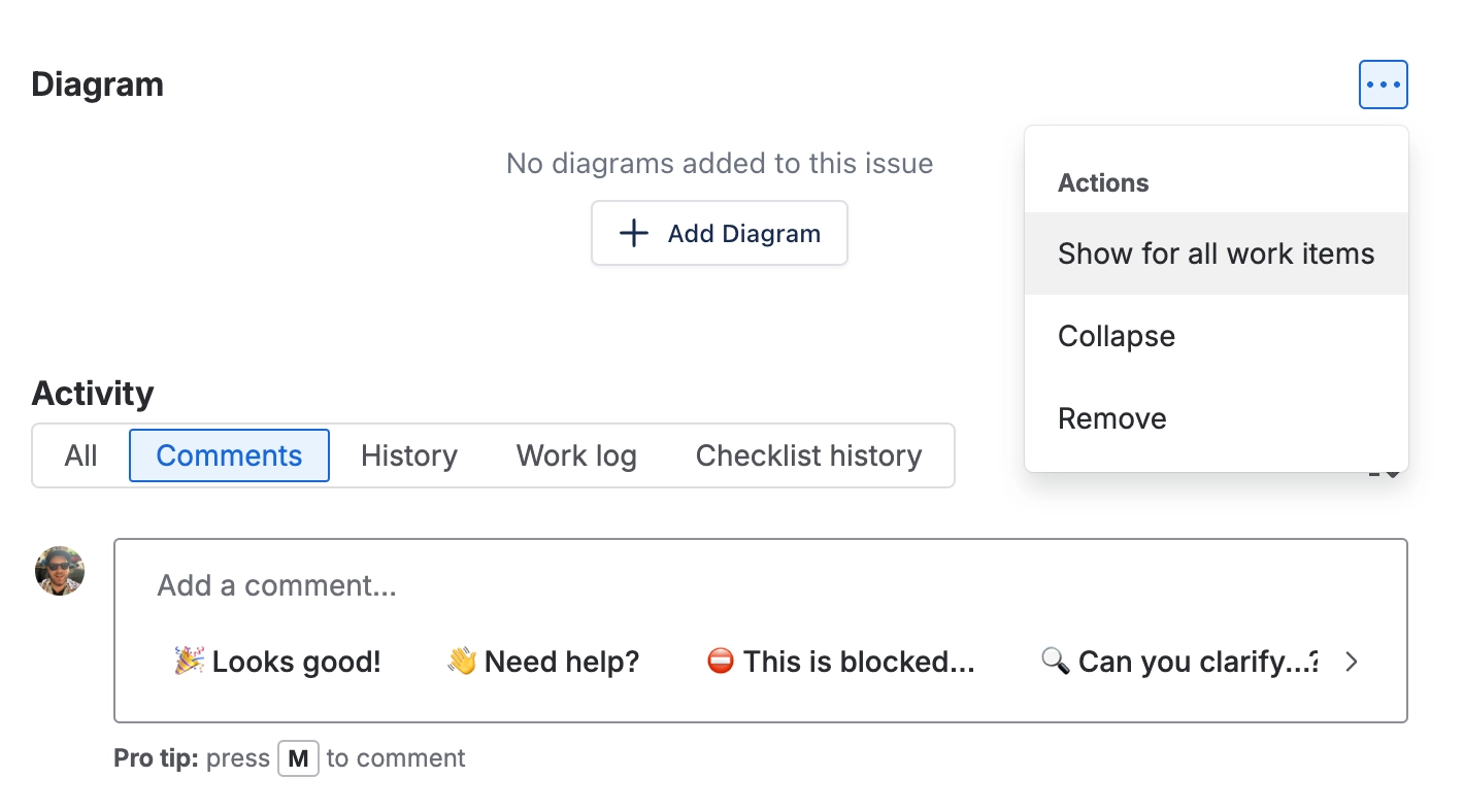 The Diagram panel on a Jira issue with no diagrams, showing an Add Diagram button, and the panel's three dot menu open with Show for all work items, Collapse and Remove.
